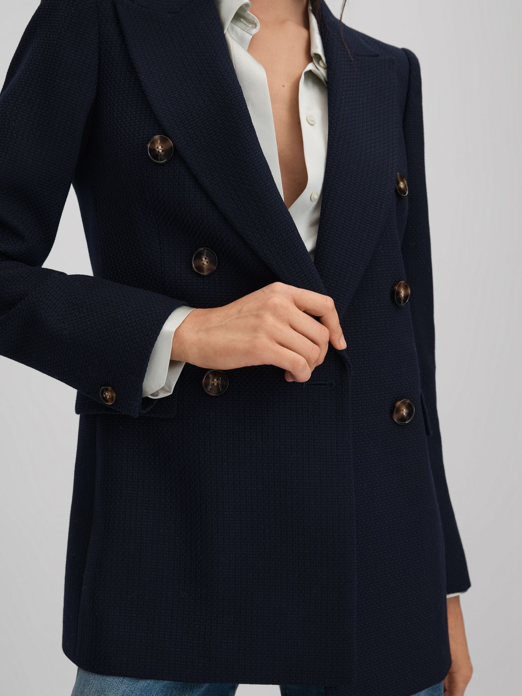 Lana Navy Tailored Textured Wool Blend Double Breasted Blazer - Image 4 of 7