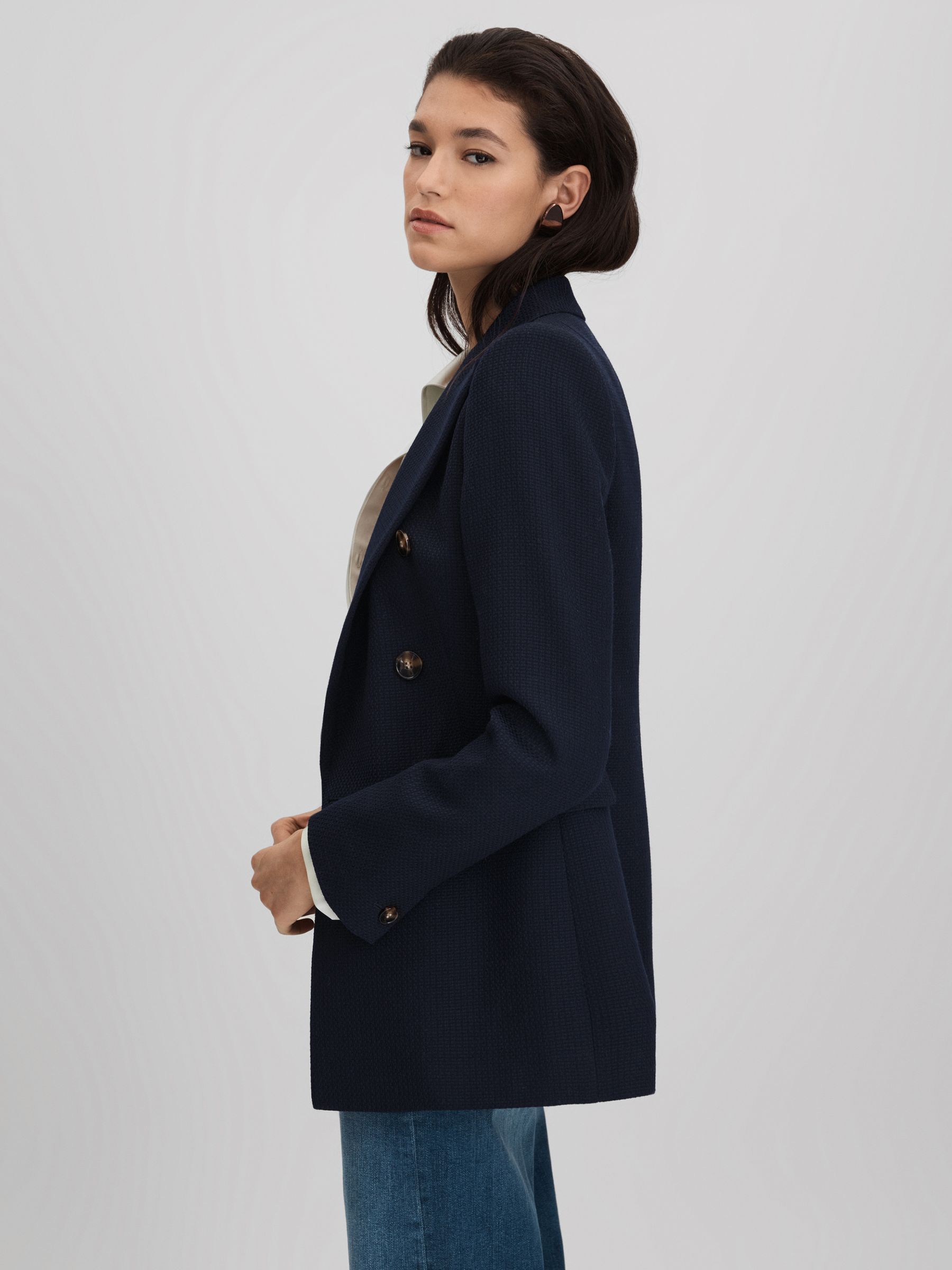 Lana Navy Tailored Textured Wool Blend Double Breasted Blazer - Image 5 of 7