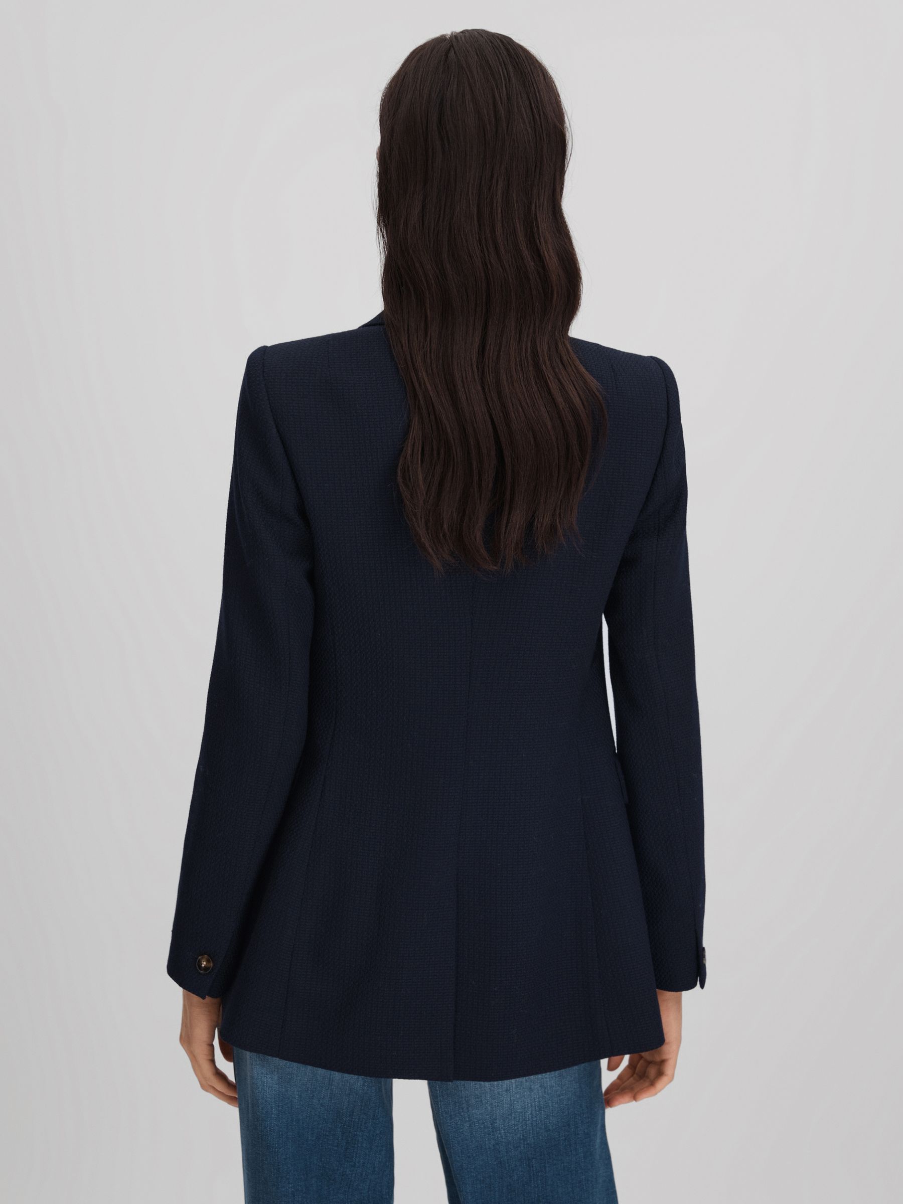 Lana Navy Tailored Textured Wool Blend Double Breasted Blazer - Image 6 of 7