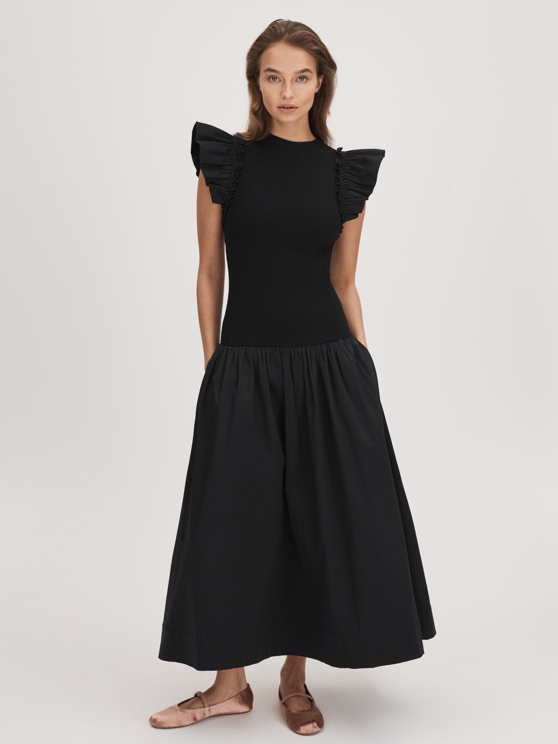 Florere Ruffle Sleeve Midi Dress in Black - Image 1 of 5