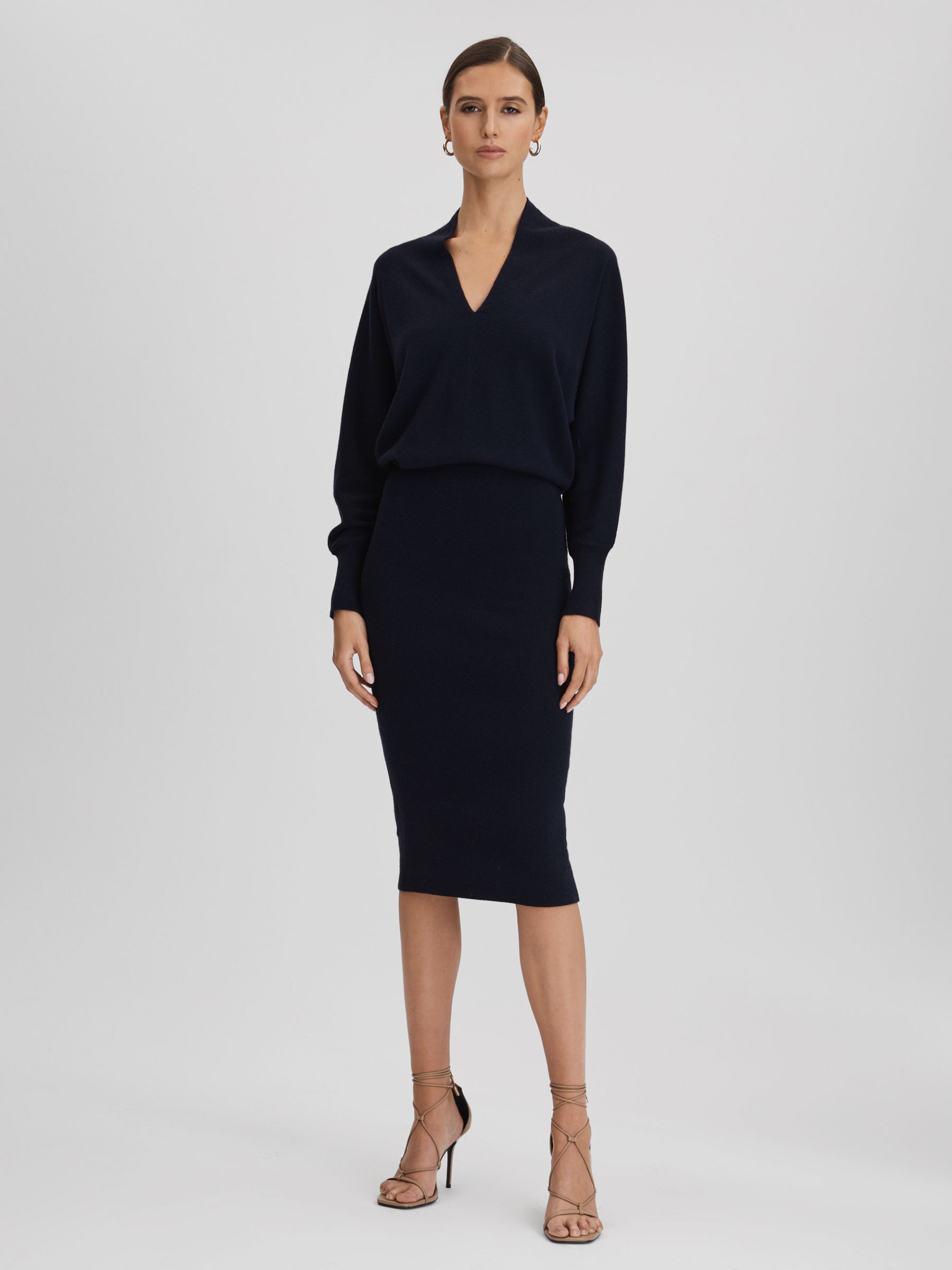 Wool Blend Midi Dress in Navy - Image 1 of 7