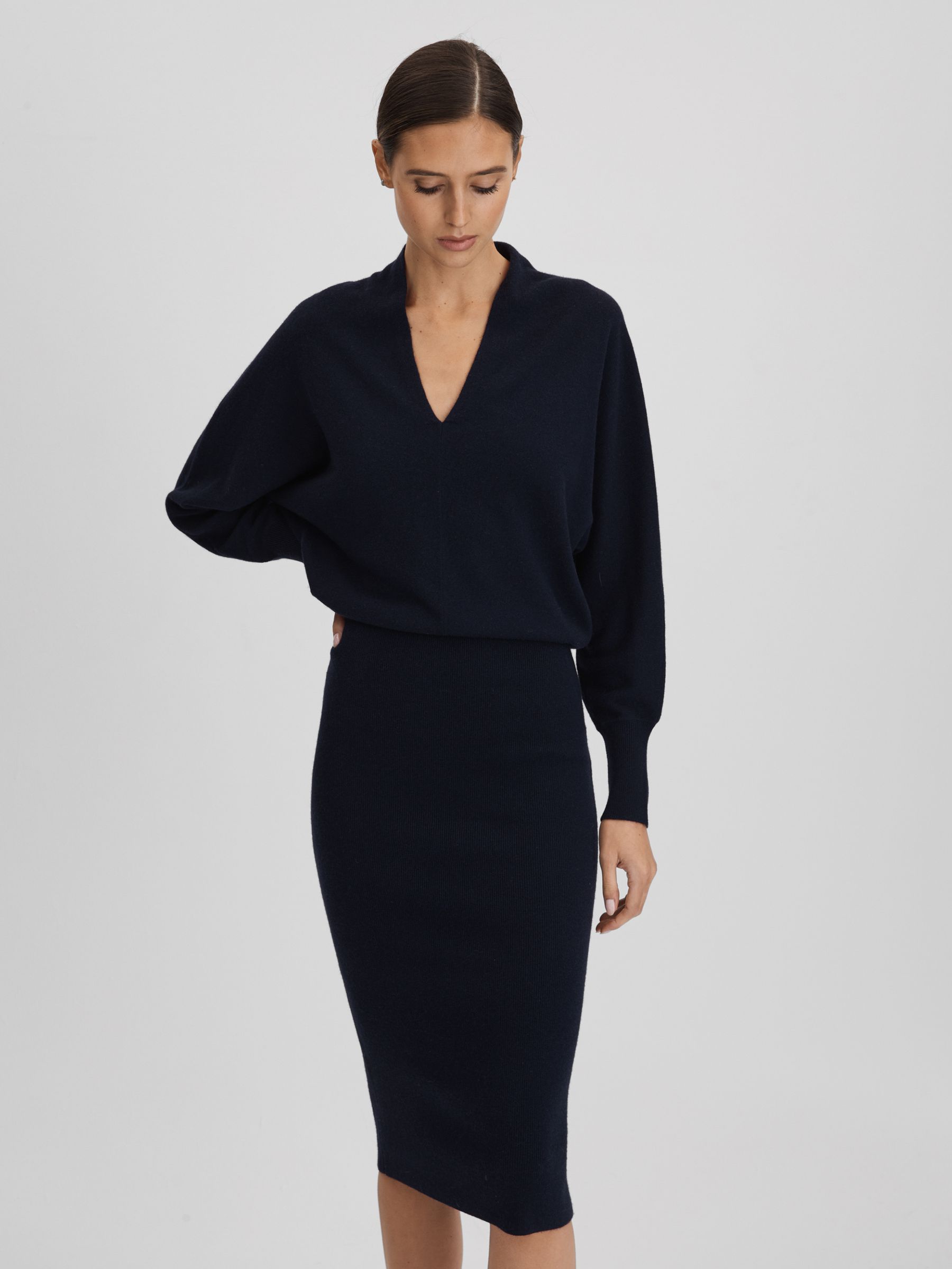 Wool Blend Midi Dress in Navy - Image 3 of 7