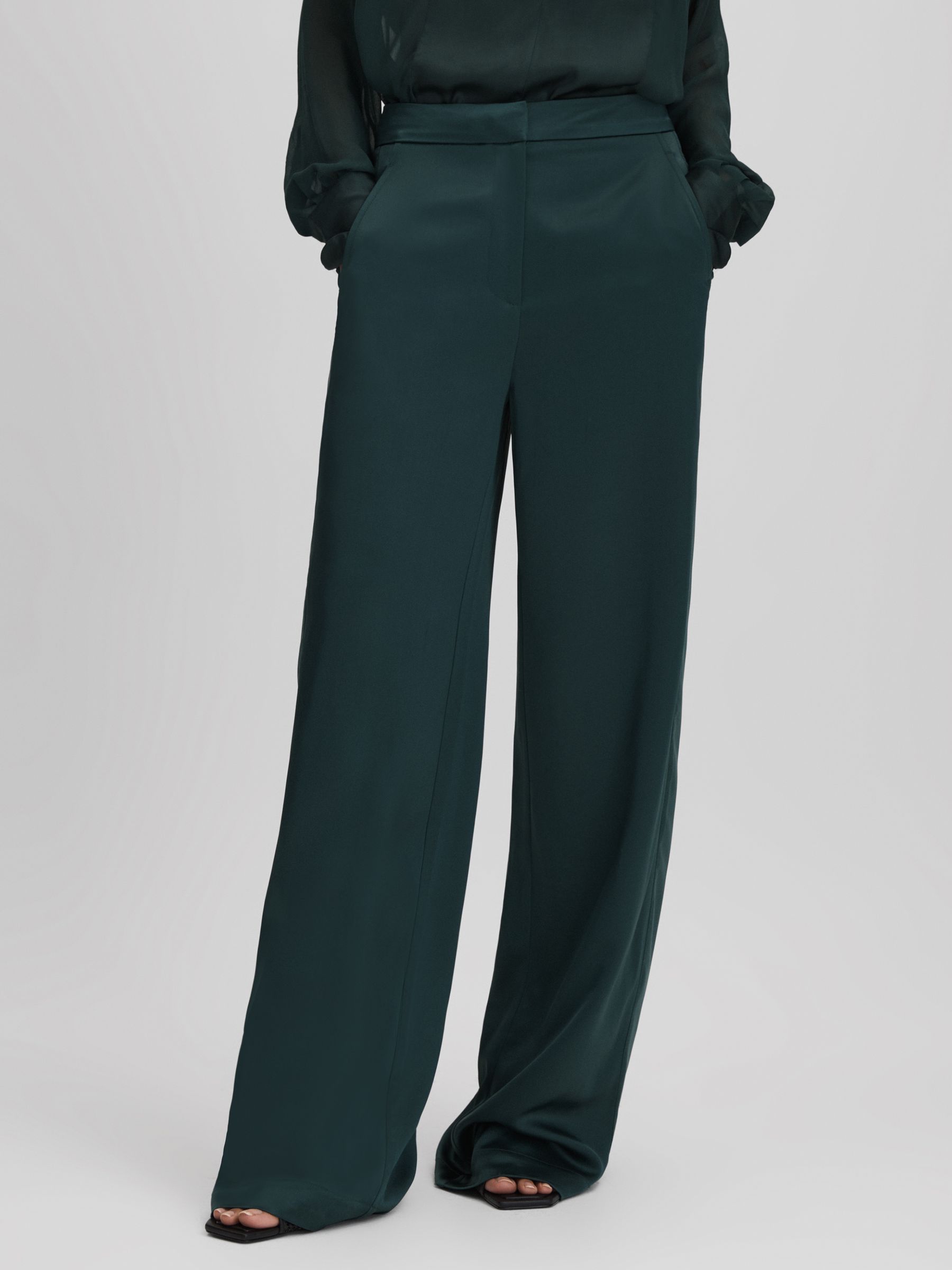 Satin Wide Leg Trousers in Green - Image 1 of 6