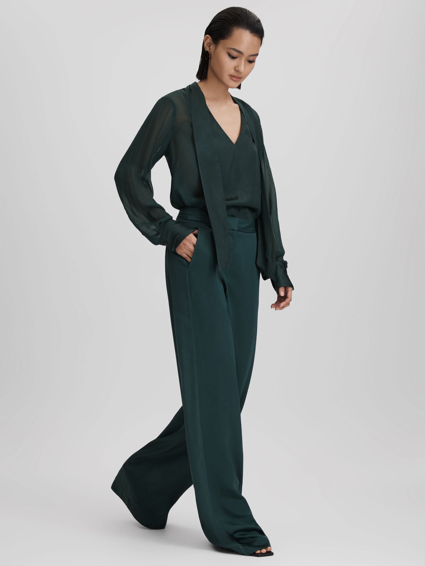 Satin Wide Leg Trousers in Green - Image 3 of 6