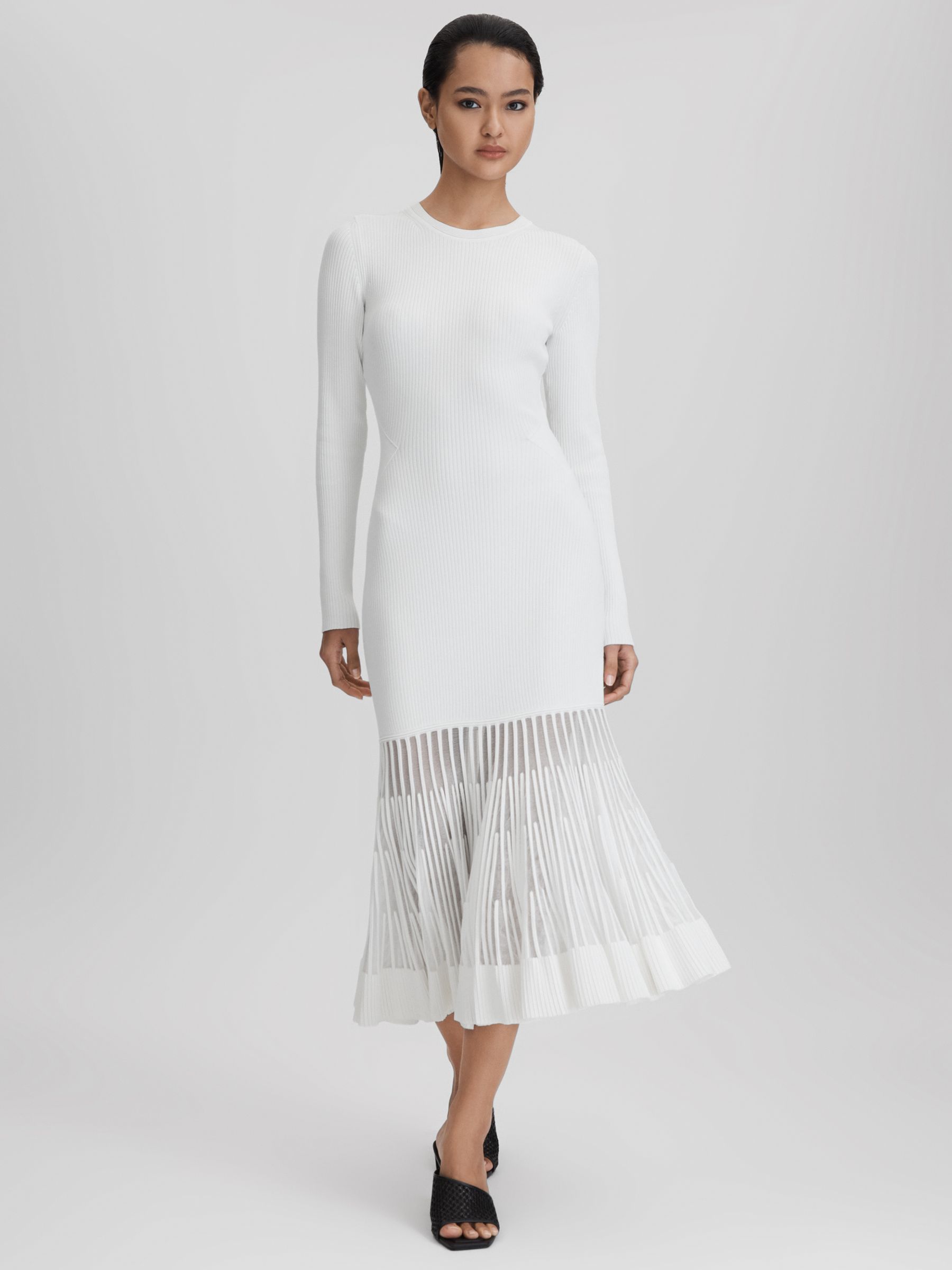 Knitted Sheer Flared Midi Dress in Cream - Image 1 of 6