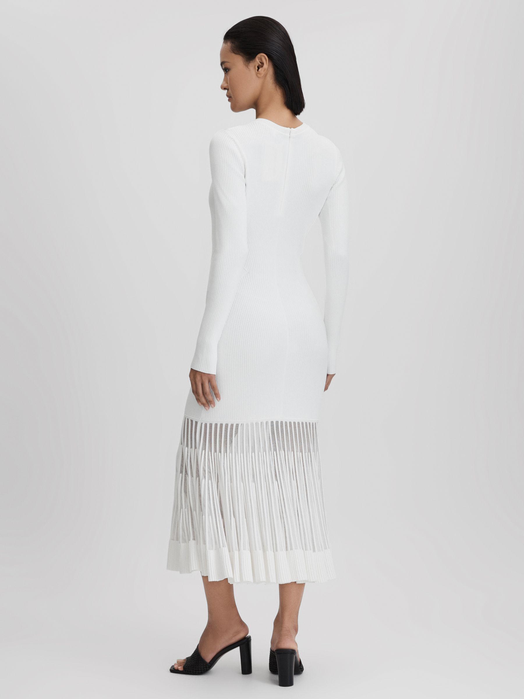 Knitted Sheer Flared Midi Dress in Cream - Image 4 of 6