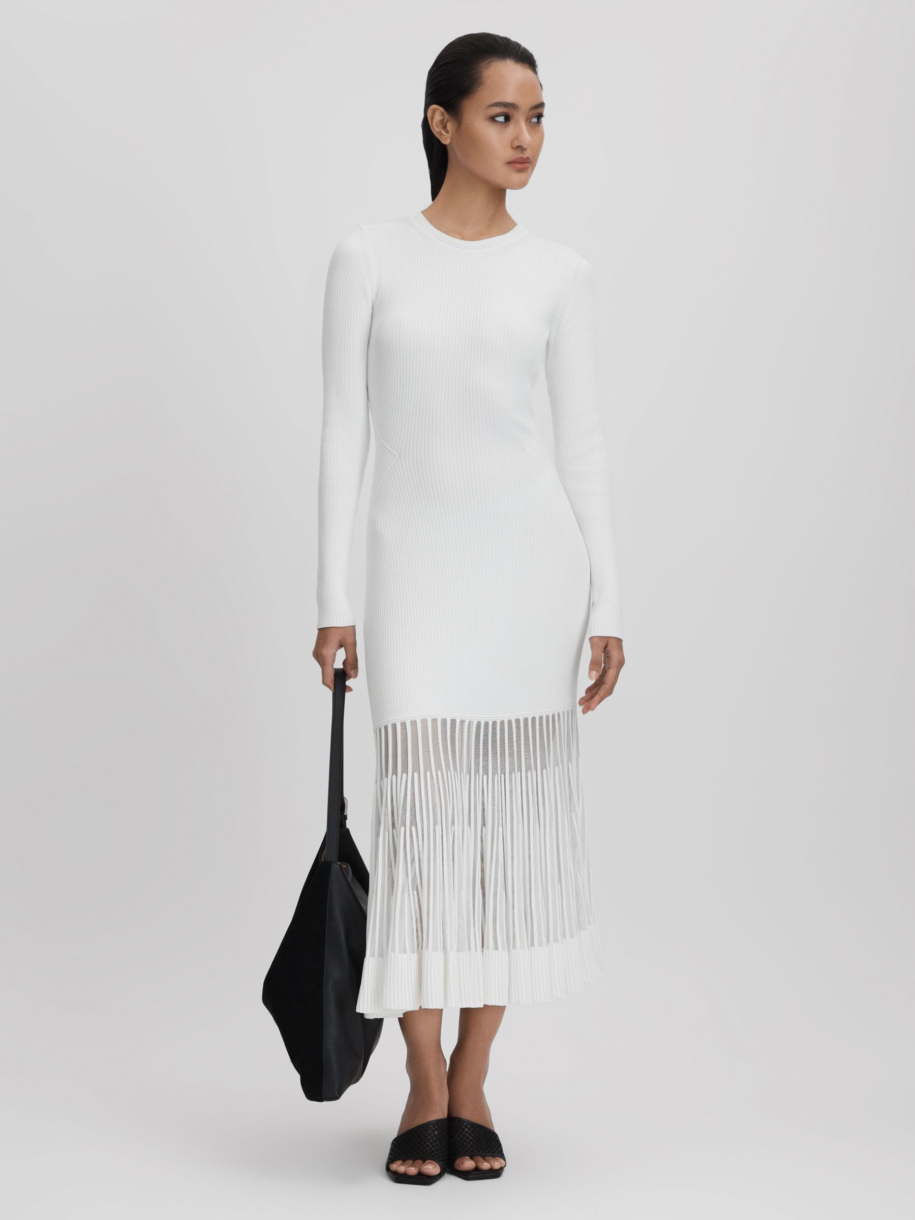 Knitted Sheer Flared Midi Dress in Cream - Image 5 of 6