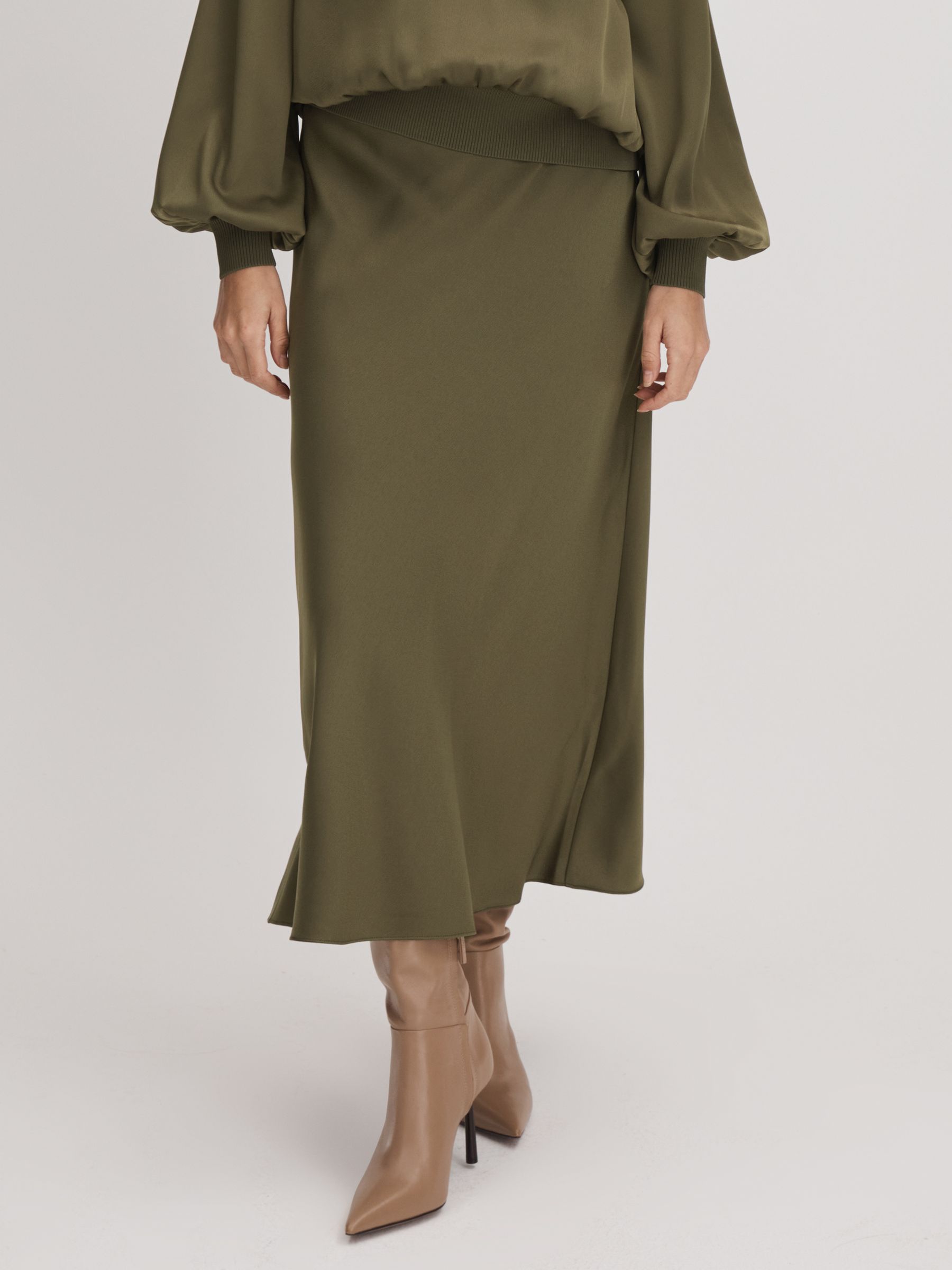 Florere Satin Midi Skirt in Dark Khaki - Image 1 of 6 Florere Satin Midi Skirt in Dark Khaki - Image 1 of 6