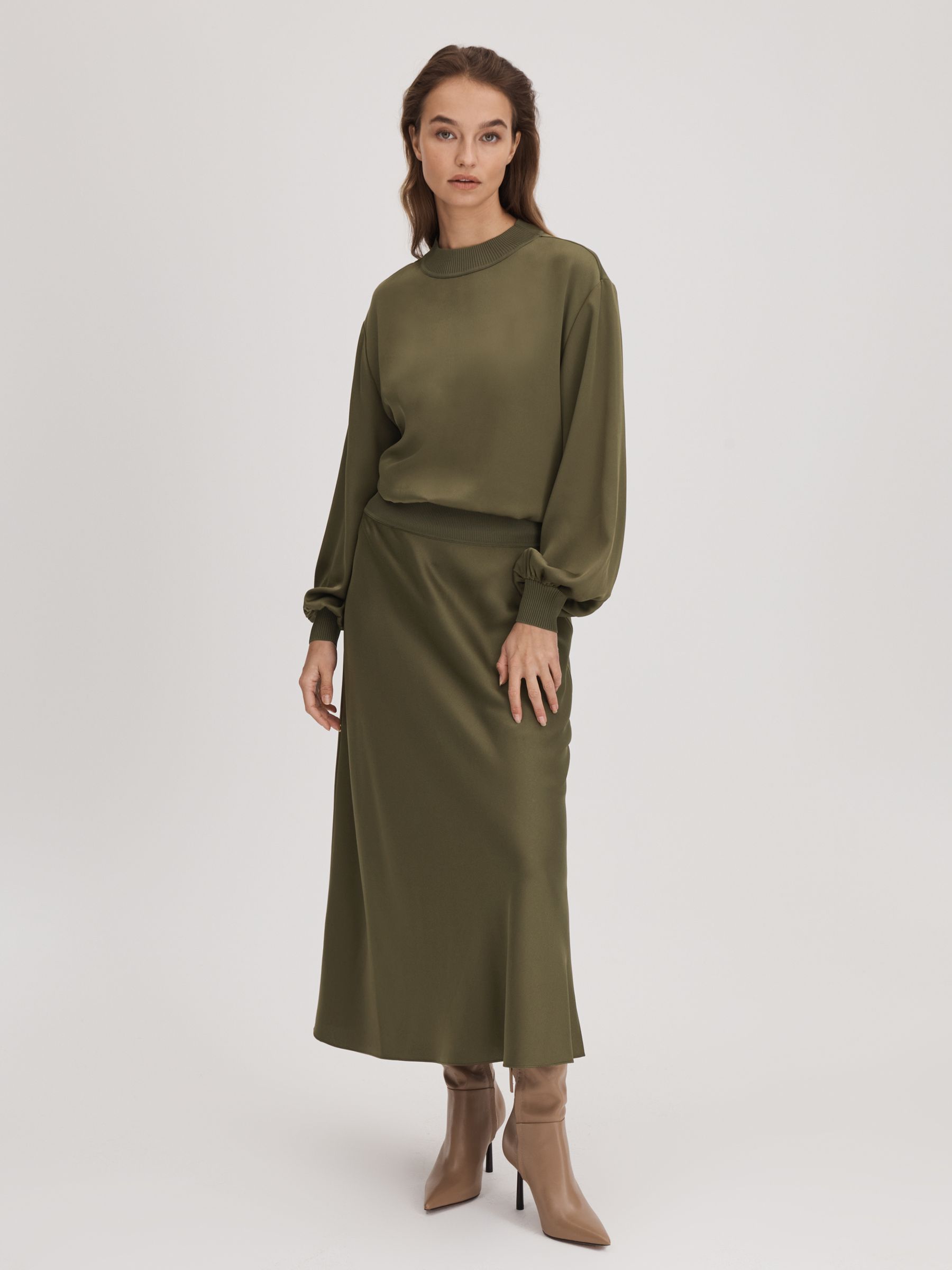 Florere Satin Midi Skirt in Dark Khaki - Image 3 of 6