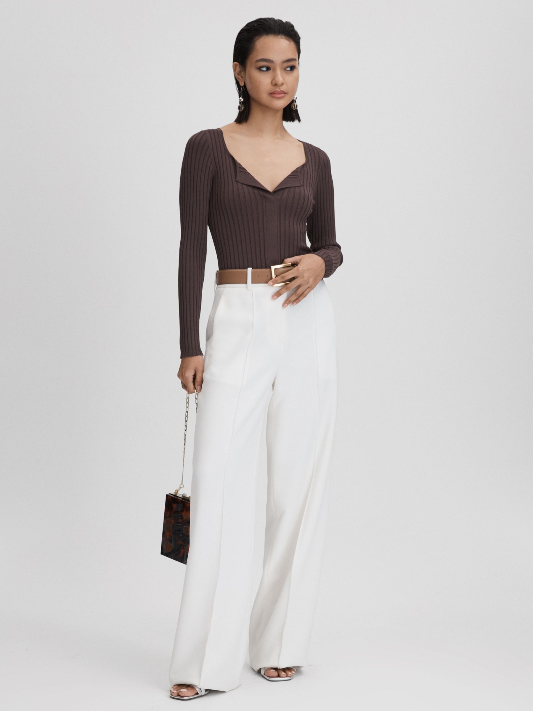 Ribbed Open Collar Top in Burgundy - Image 3 of 6