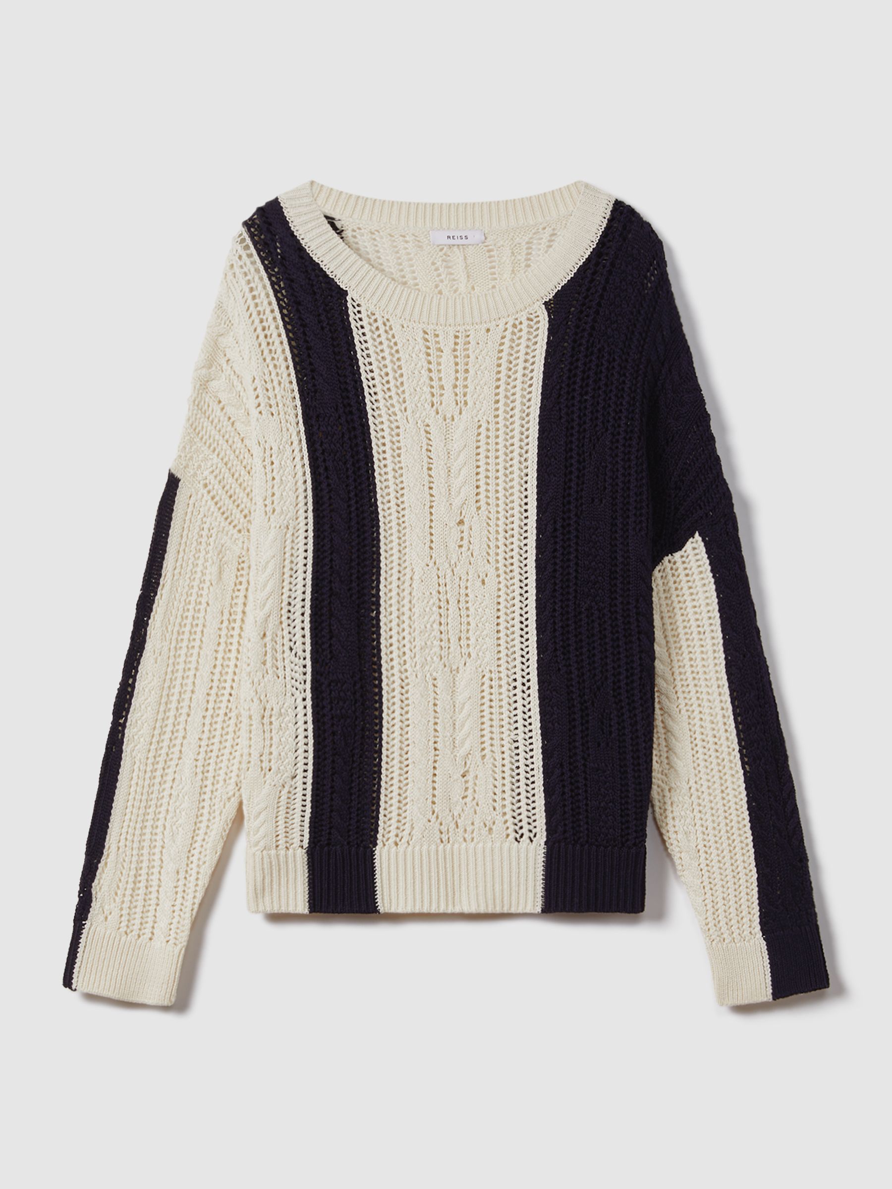 Cotton Blend Open Stitch Crew Neck Jumper in Cream/Navy - Image 2 of 6