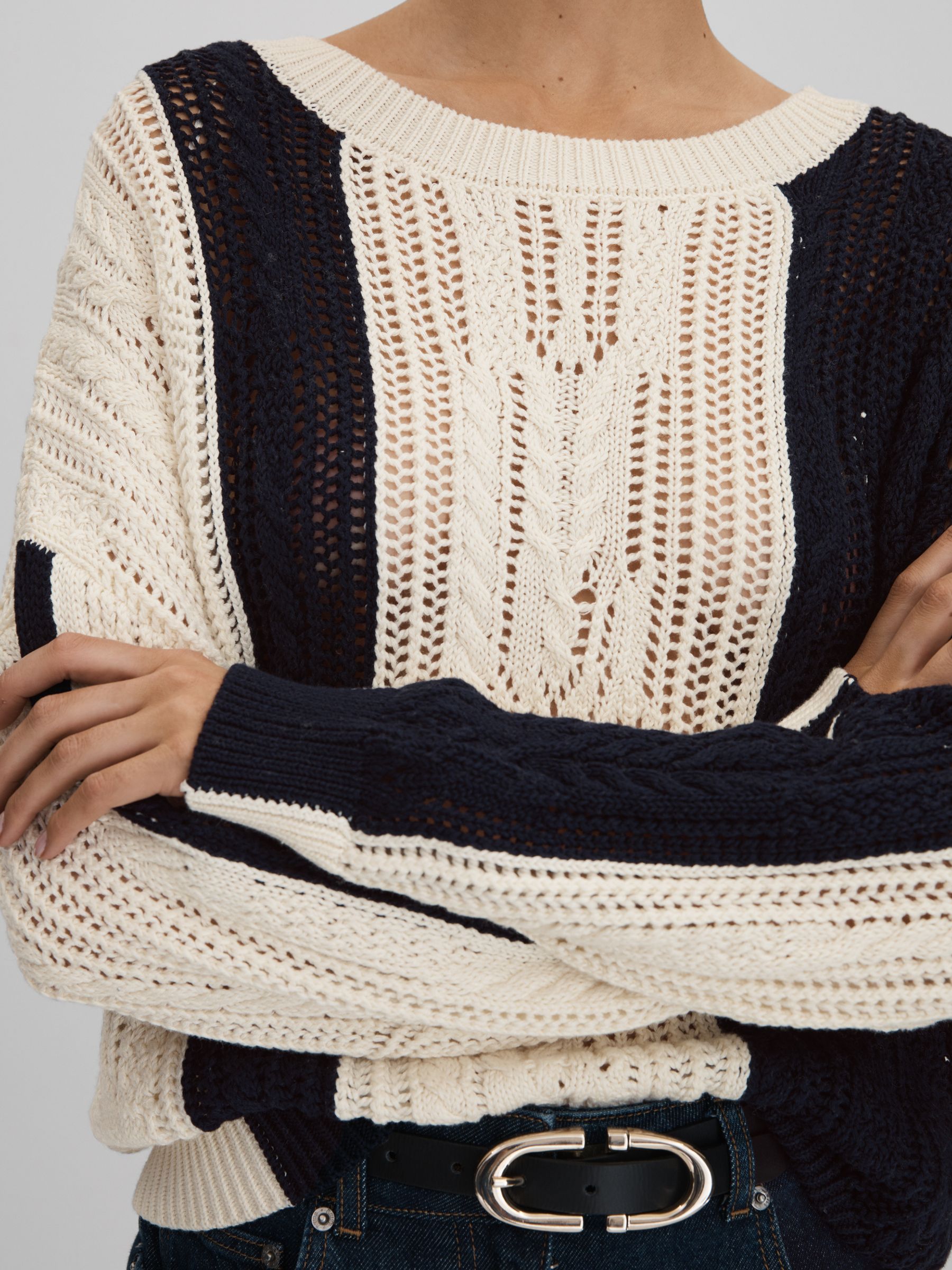 Cotton Blend Open Stitch Crew Neck Jumper in Cream/Navy - Image 4 of 6