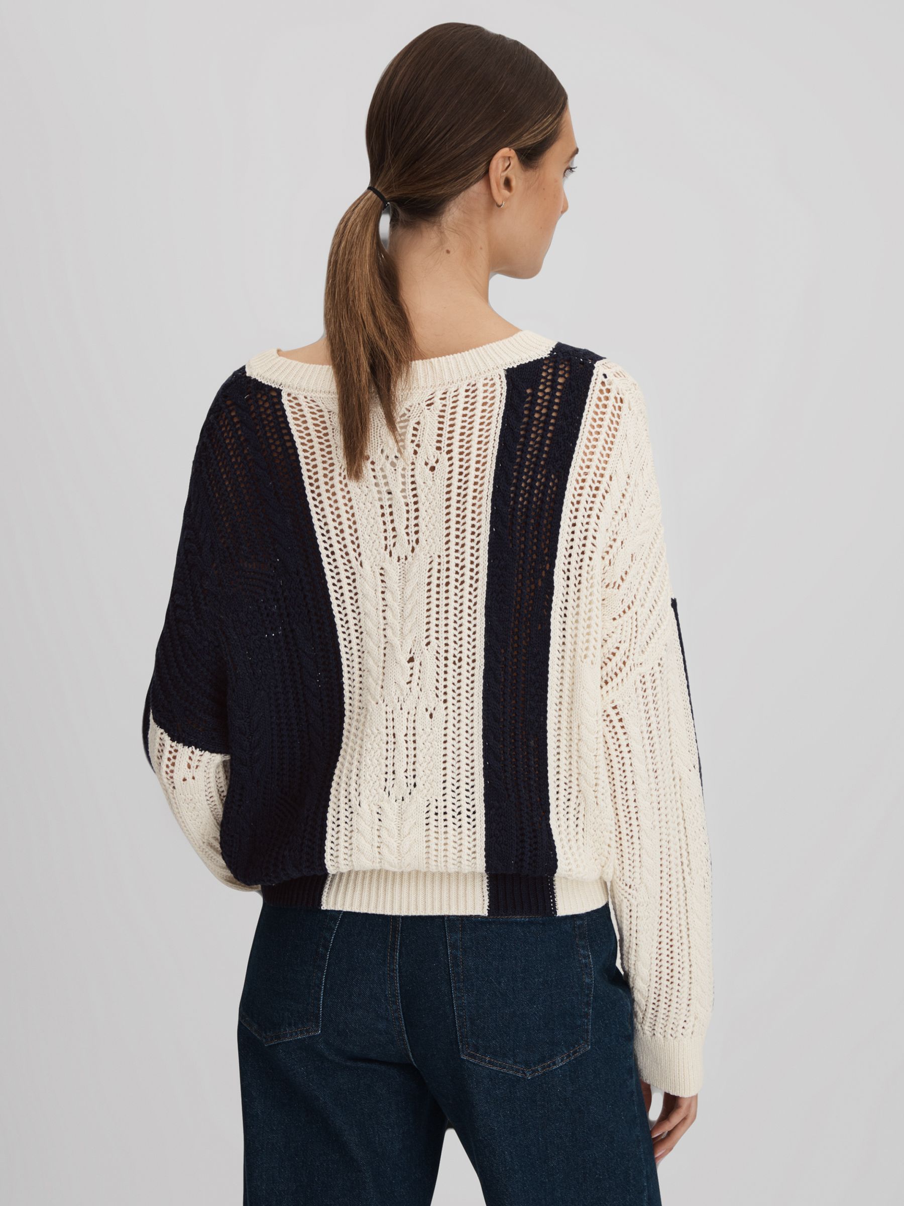Cotton Blend Open Stitch Crew Neck Jumper in Cream/Navy - Image 5 of 6