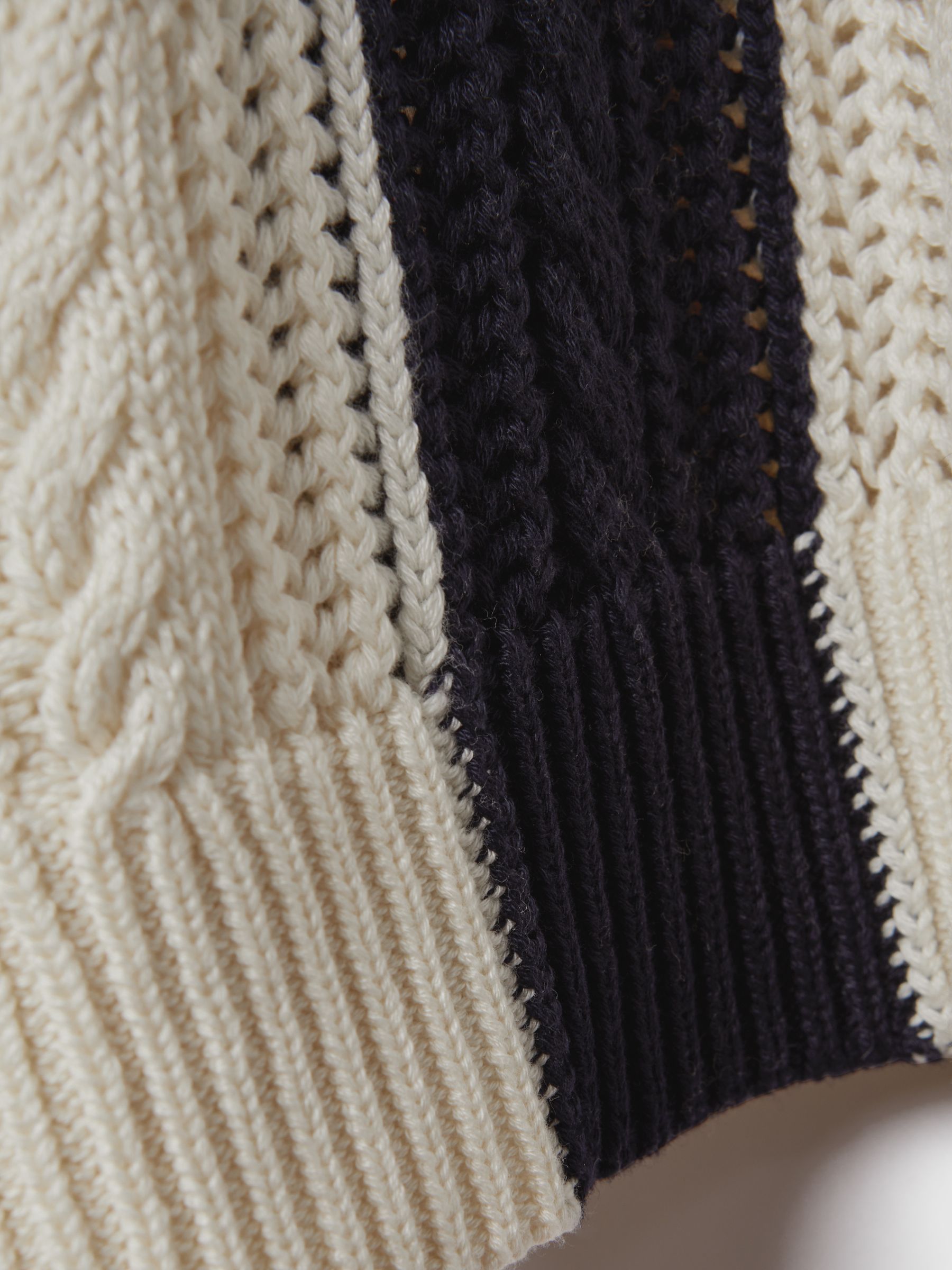 Cotton Blend Open Stitch Crew Neck Jumper in Cream/Navy - Image 6 of 6