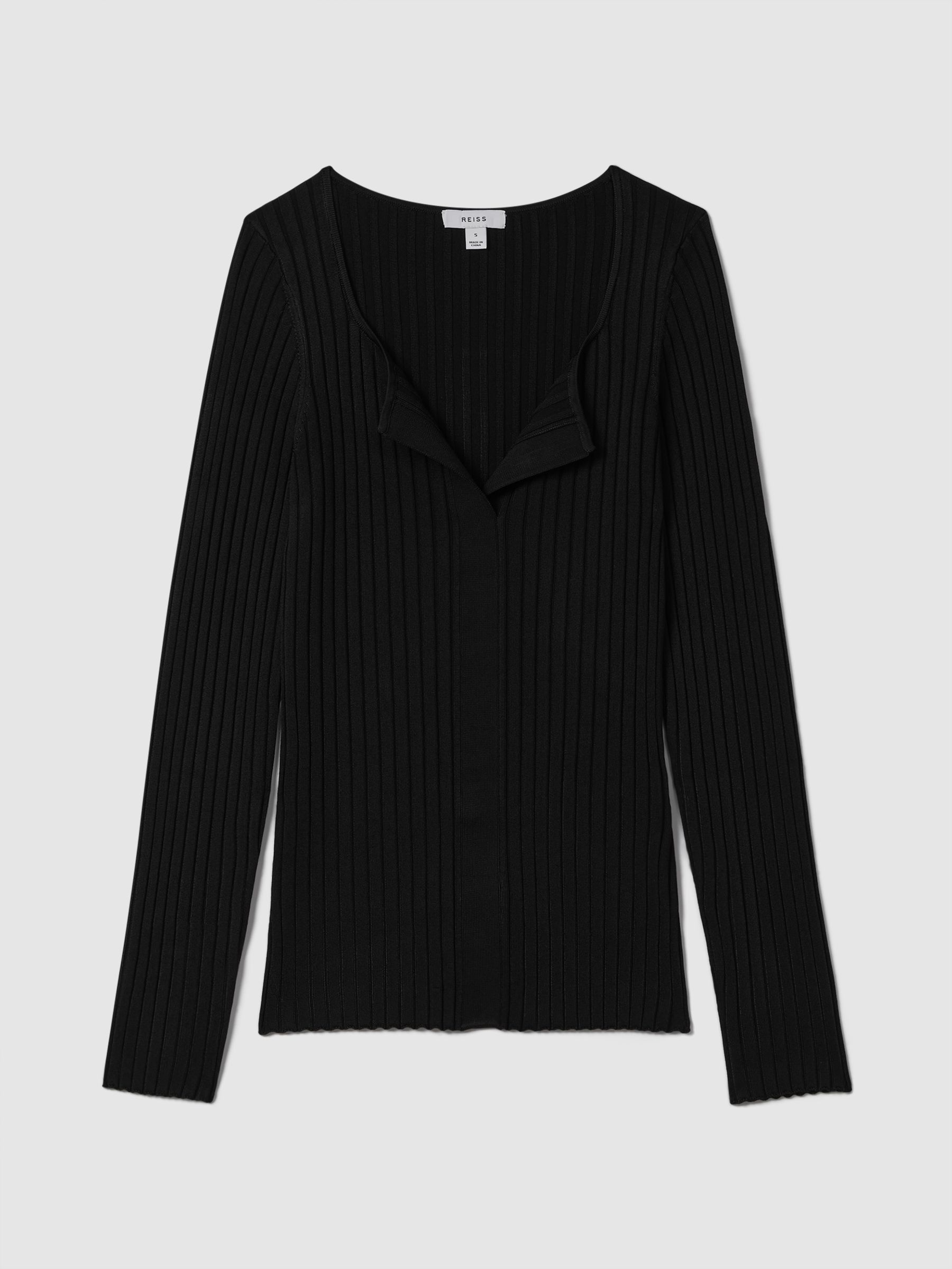 Ribbed Open Collar Top in Black - Image 2 of 7