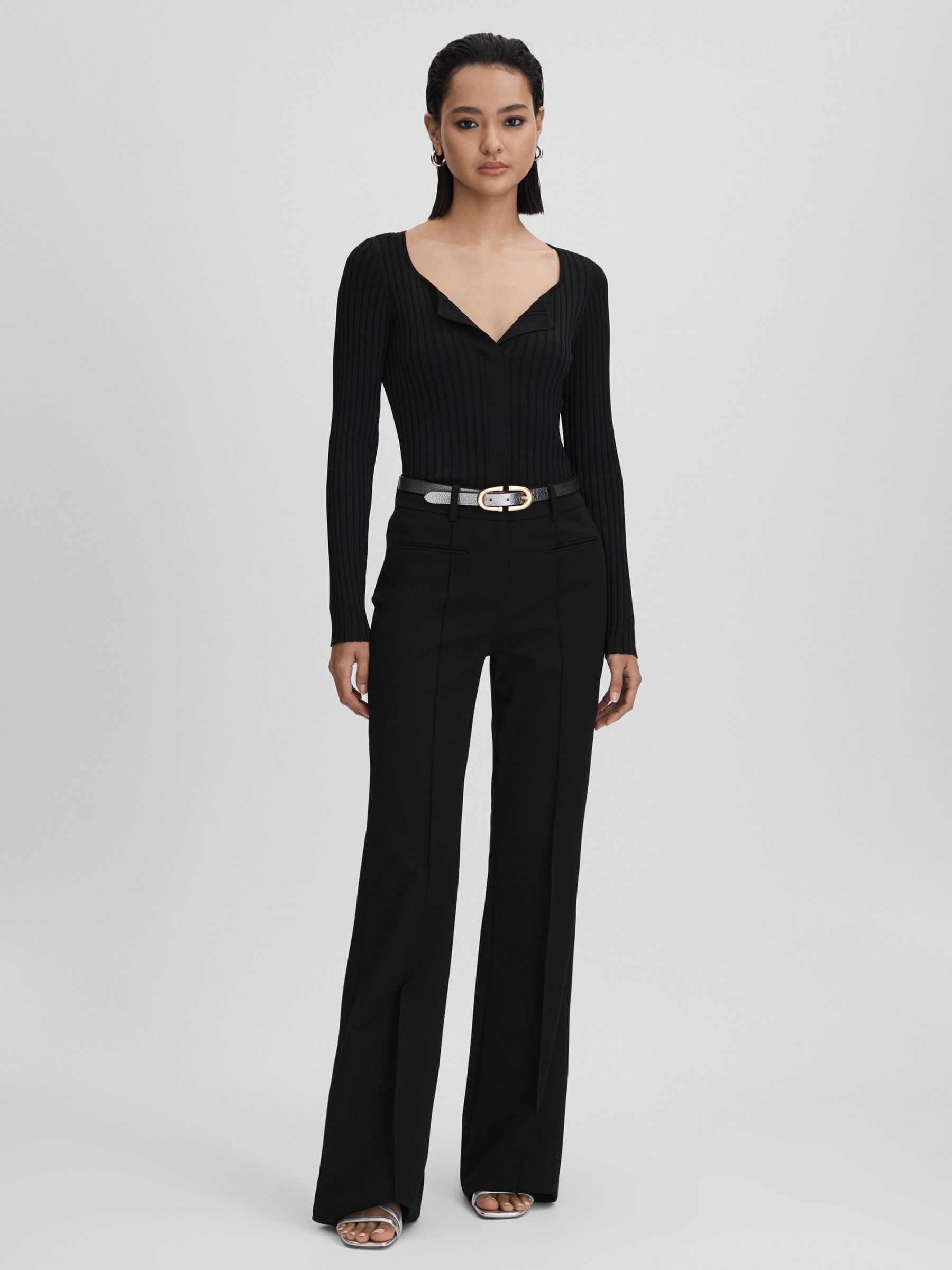 Ribbed Open Collar Top in Black - Image 3 of 7