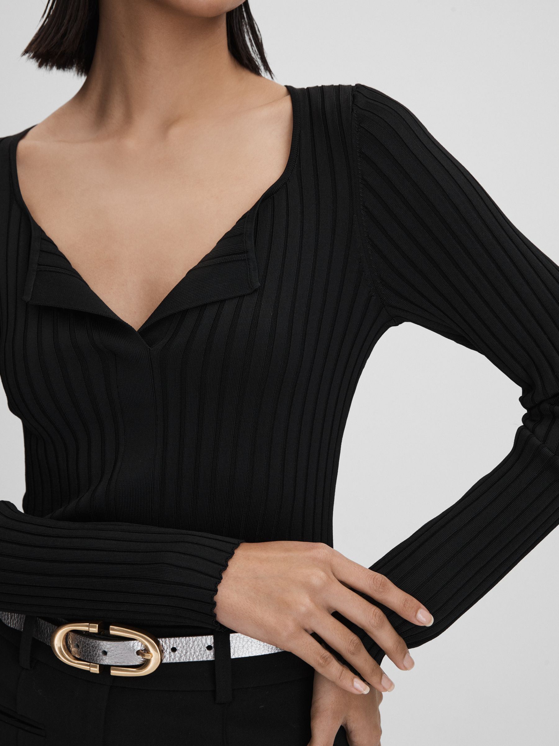Ribbed Open Collar Top in Black - Image 4 of 7