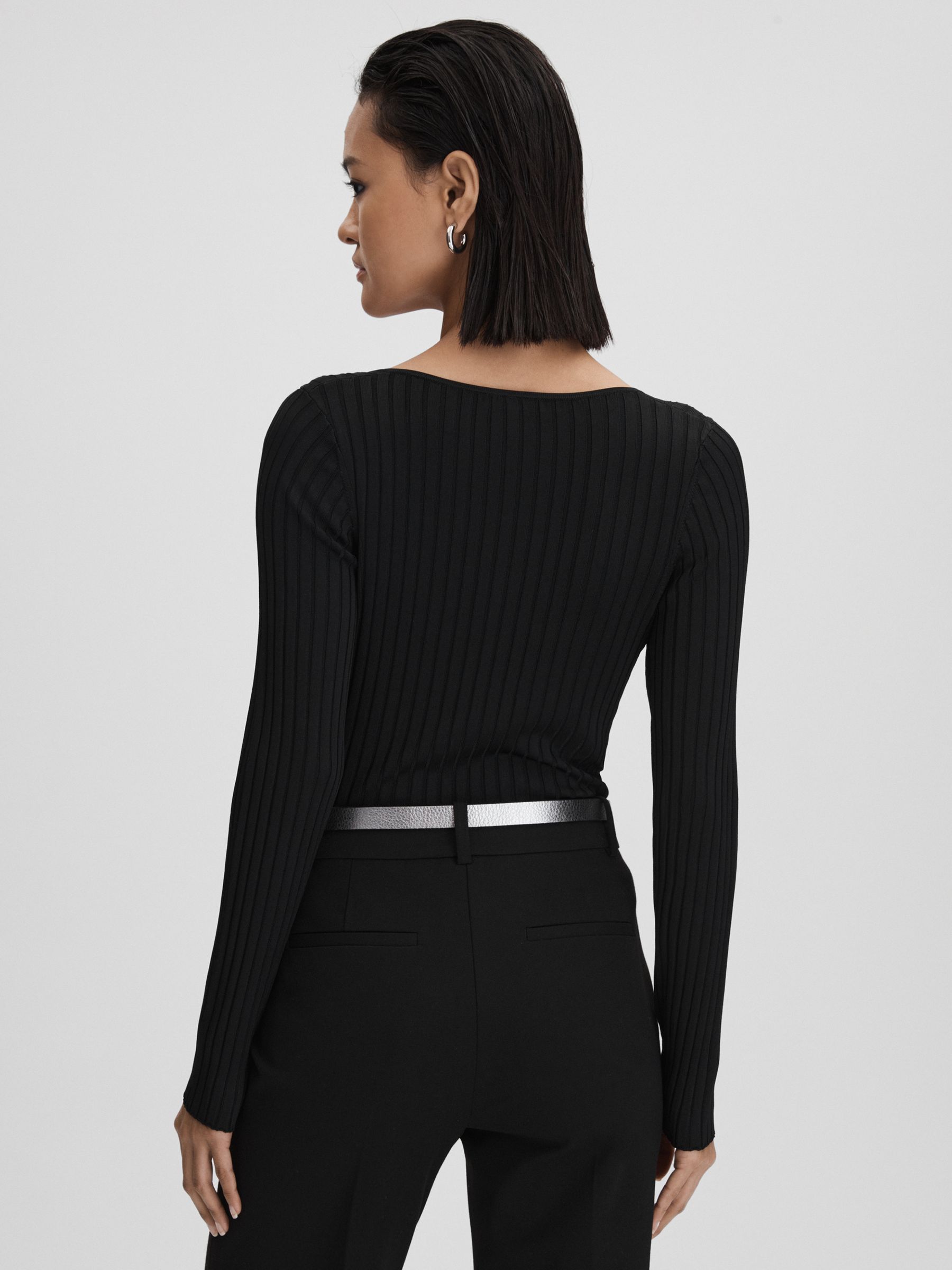 Ribbed Open Collar Top in Black - Image 5 of 7