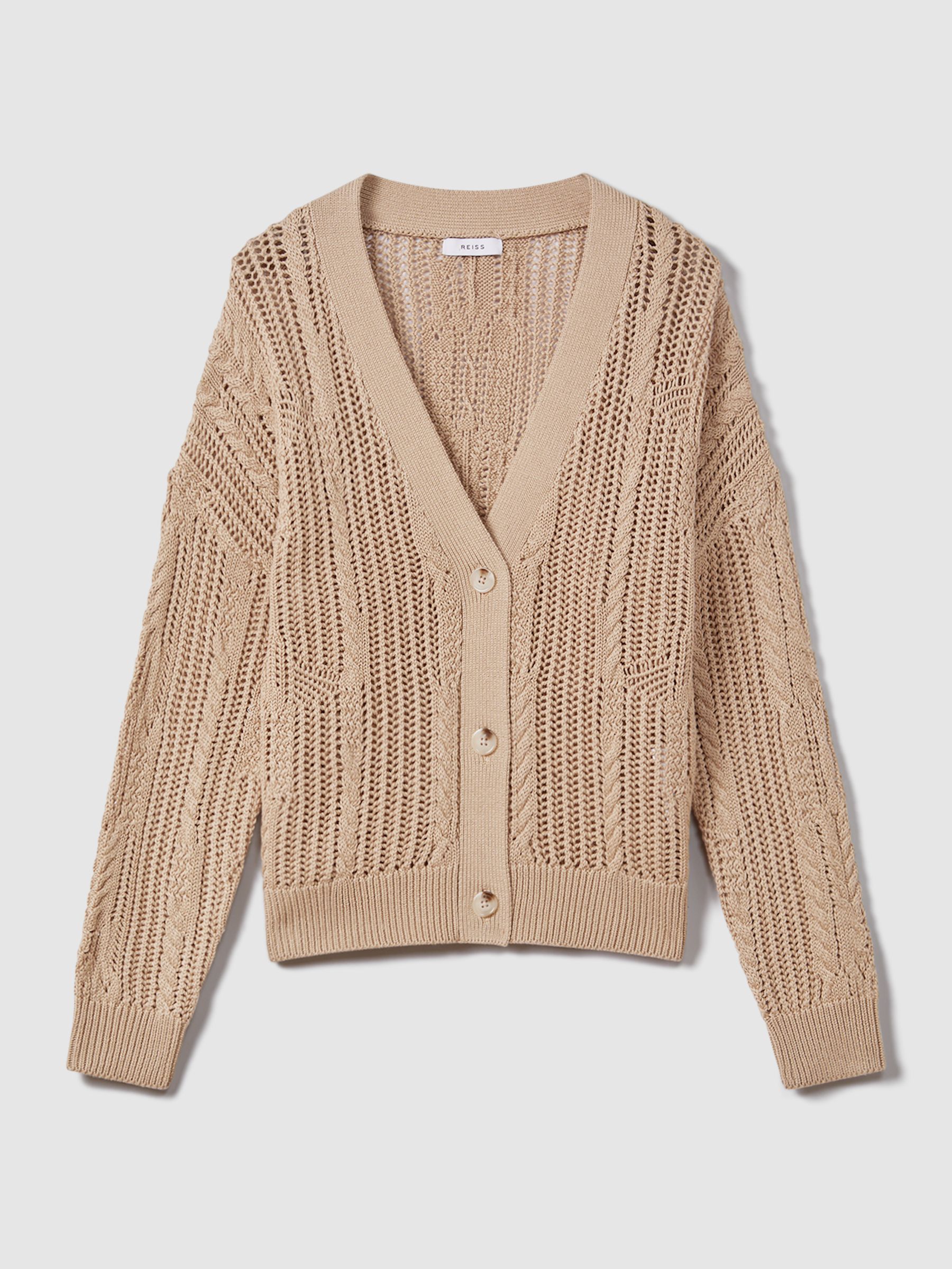 Cotton Blend Open Stitch Cardigan in Neutral - Image 2 of 6