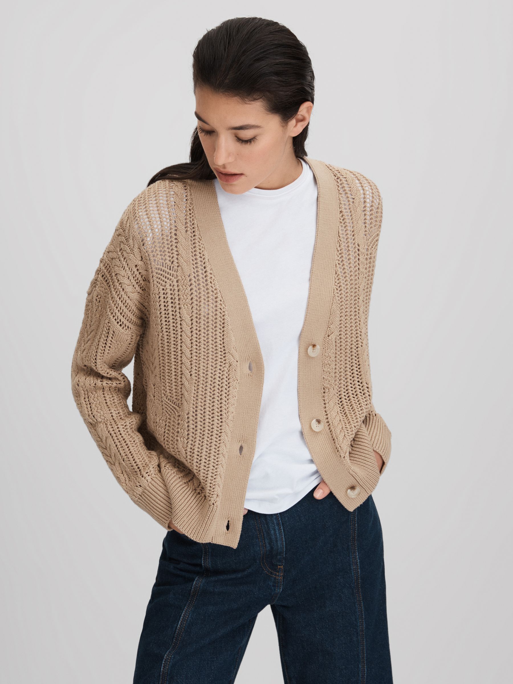 Cotton Blend Open Stitch Cardigan in Neutral - Image 3 of 6