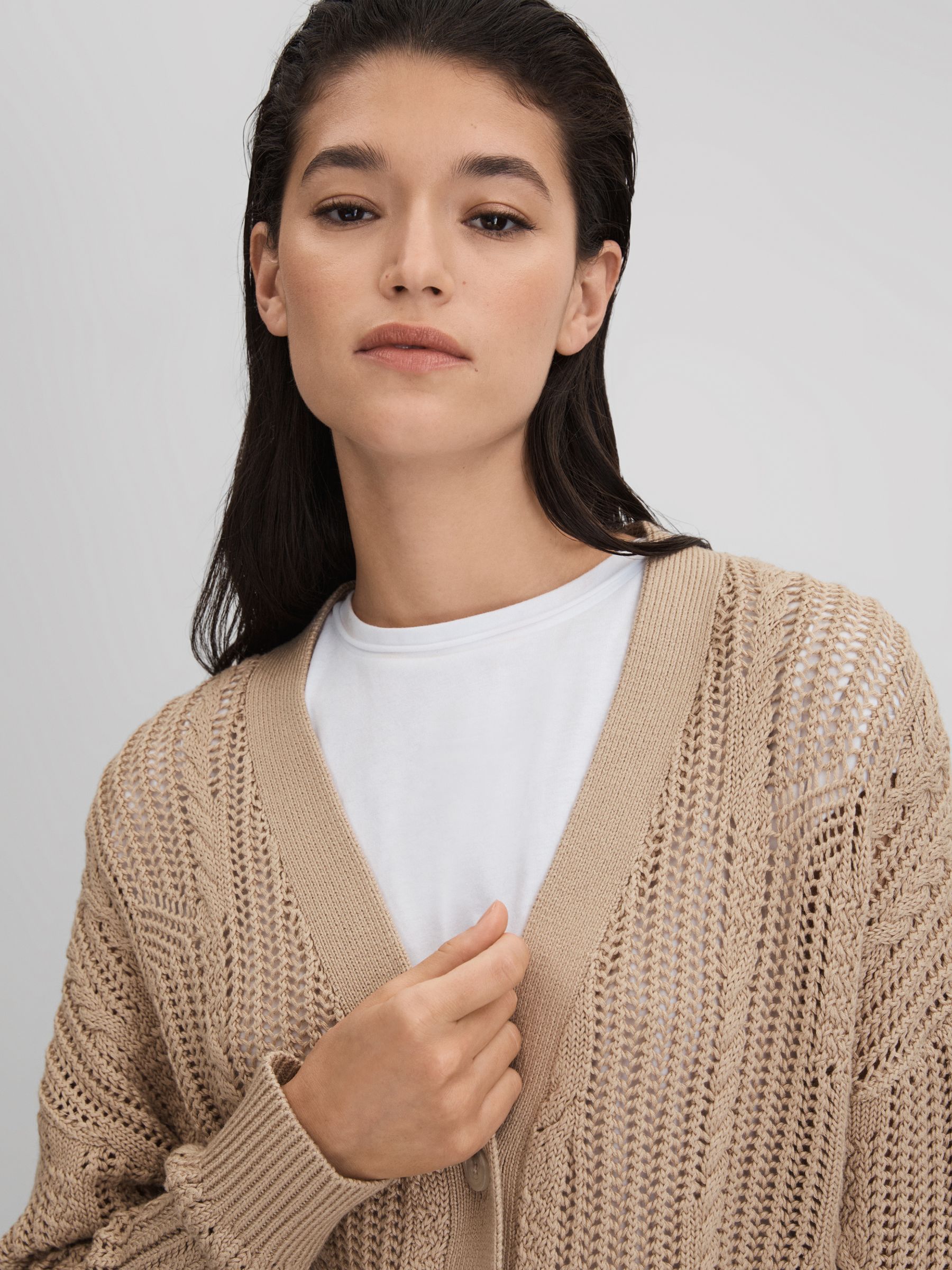 Cotton Blend Open Stitch Cardigan in Neutral - Image 4 of 6