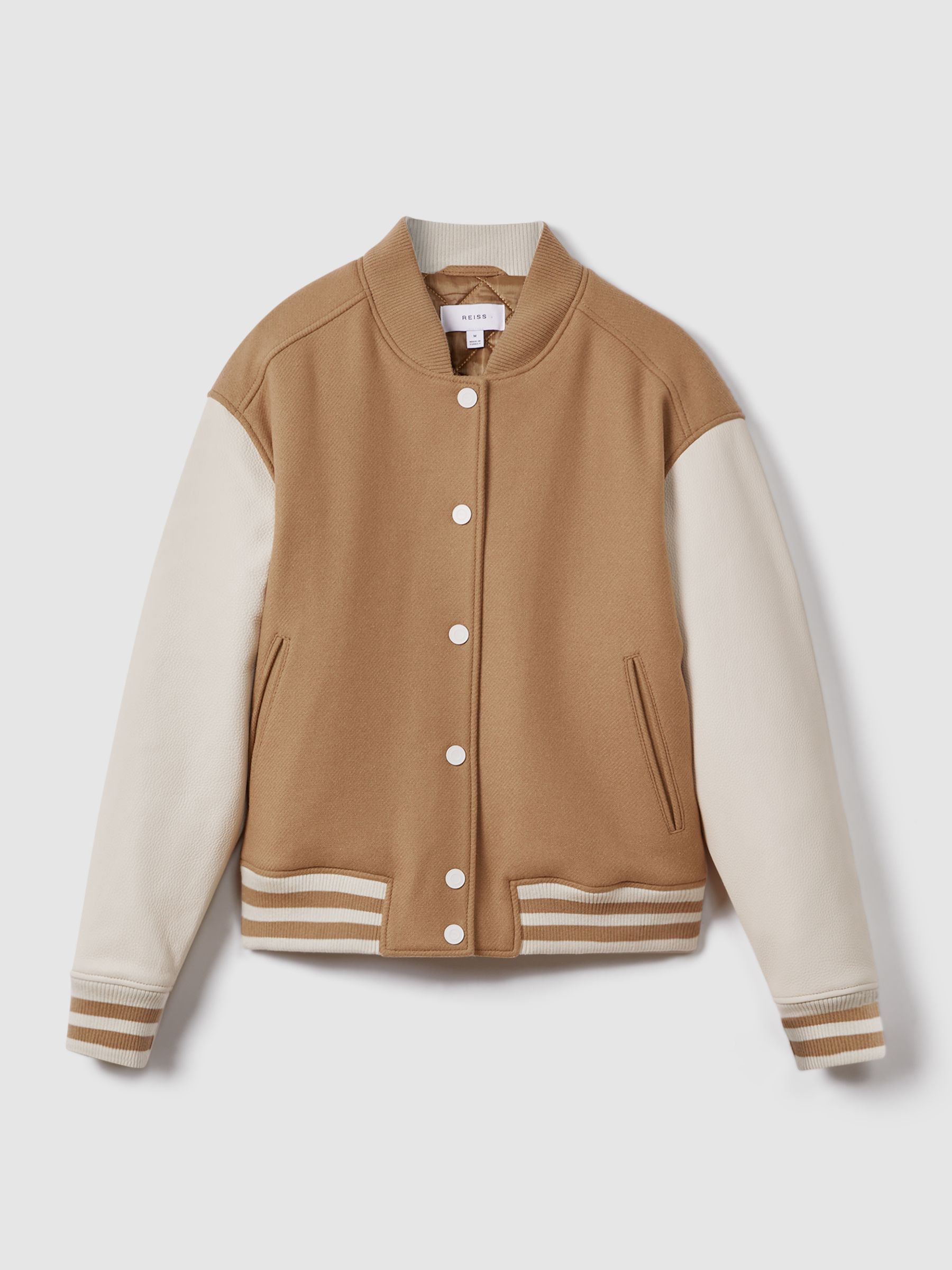 Premium Wool Blend Bomber Jacket in Camel/Cream - Image 2 of 7