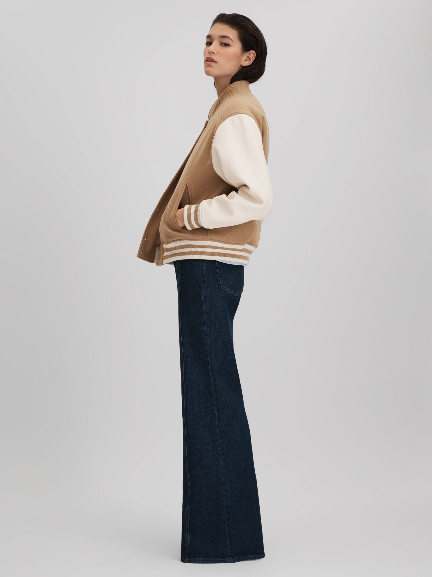 Premium Wool Blend Bomber Jacket in Camel/Cream - Image 3 of 7