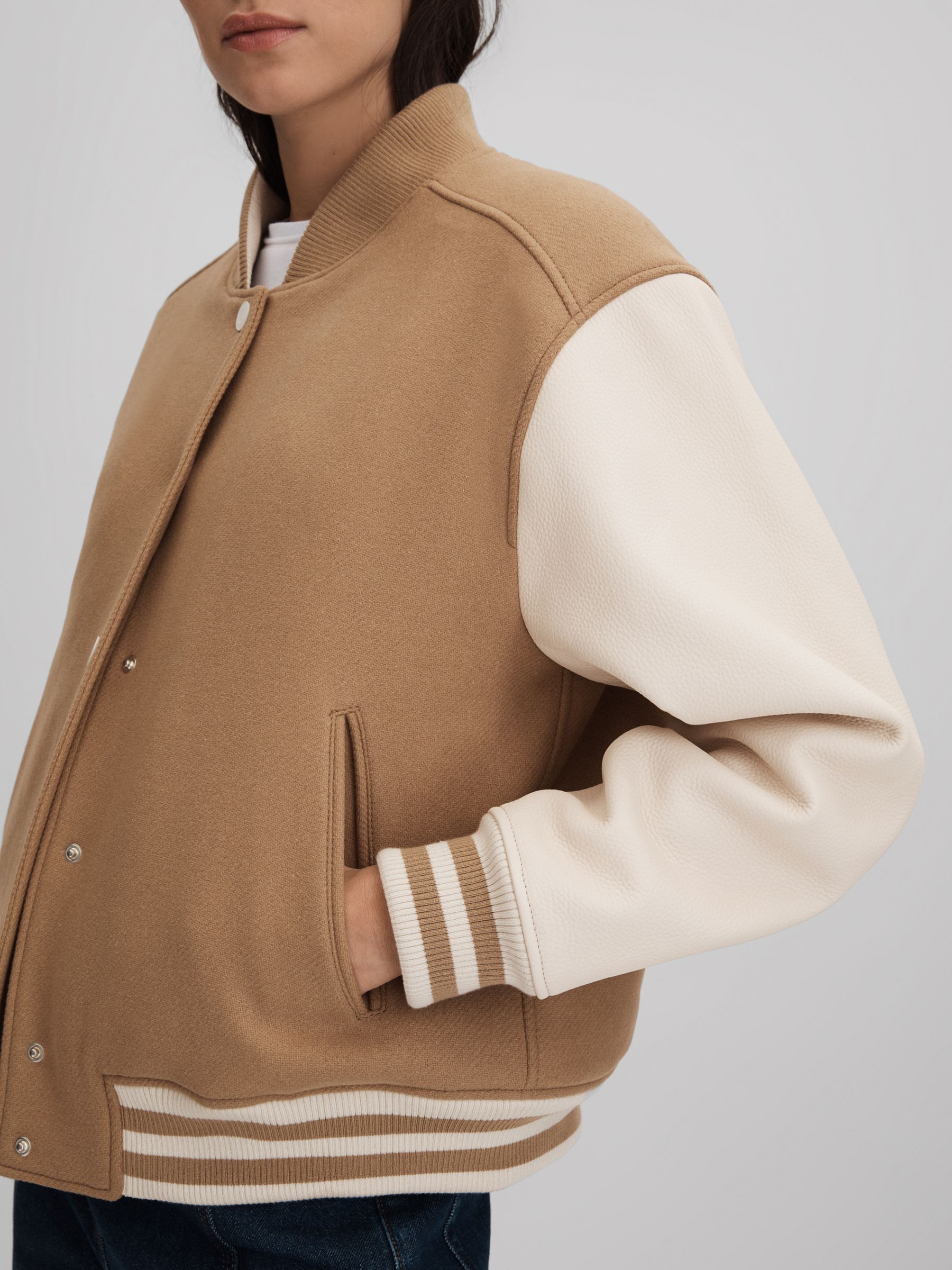 Premium Wool Blend Bomber Jacket in Camel/Cream - Image 4 of 7