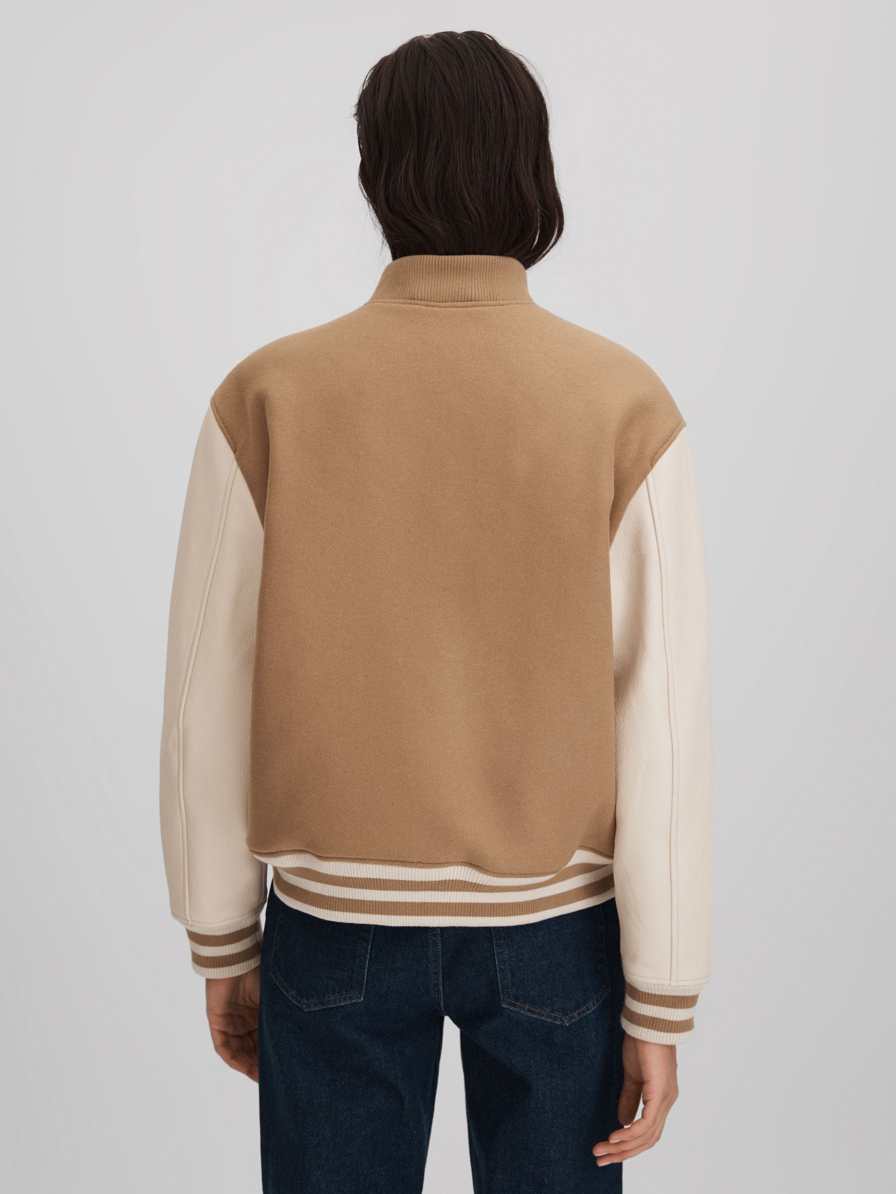 Premium Wool Blend Bomber Jacket in Camel/Cream - Image 5 of 7