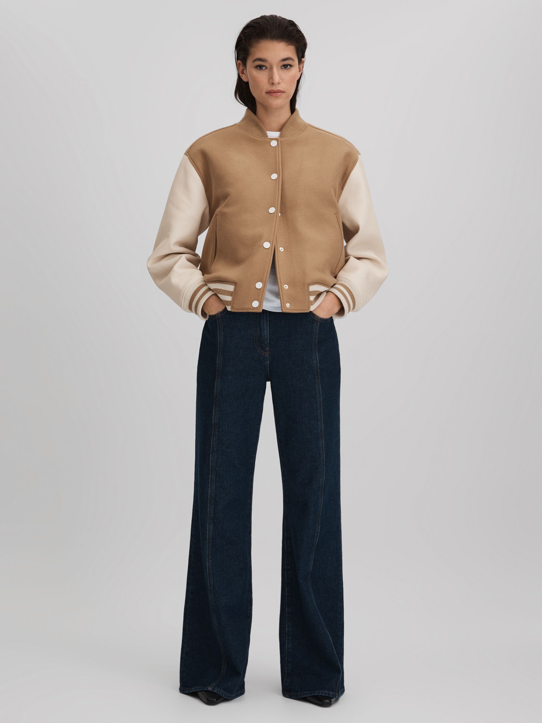 Premium Wool Blend Bomber Jacket in Camel/Cream - Image 6 of 7