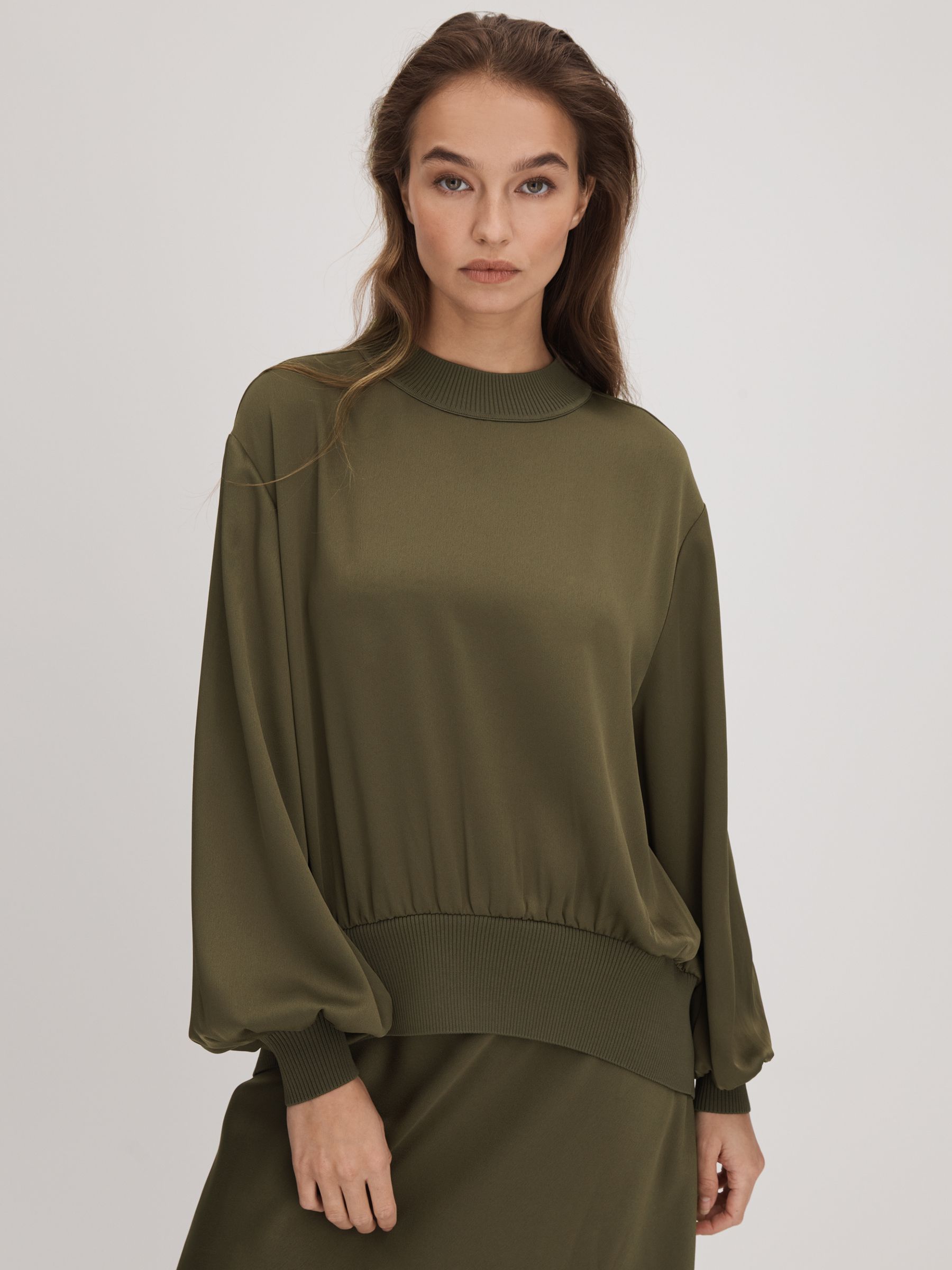 Florere Relaxed Satin Khaki Sweatshirt in Dark Khaki - Image 1 of 6 Florere Relaxed Satin Khaki Sweatshirt in Dark Khaki - Image 1 of 6