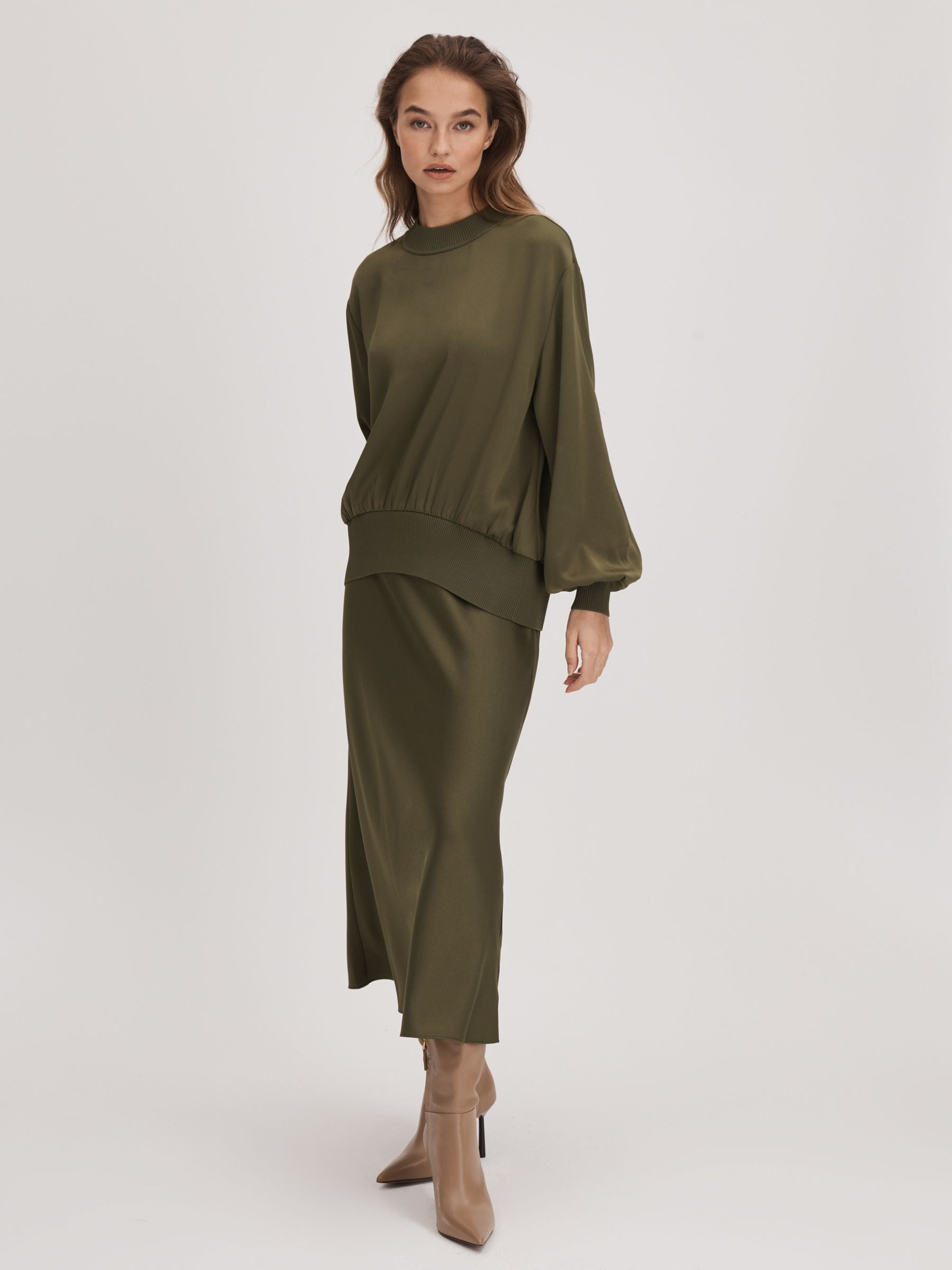 Florere Relaxed Satin Khaki Sweatshirt in Dark Khaki - Image 3 of 6