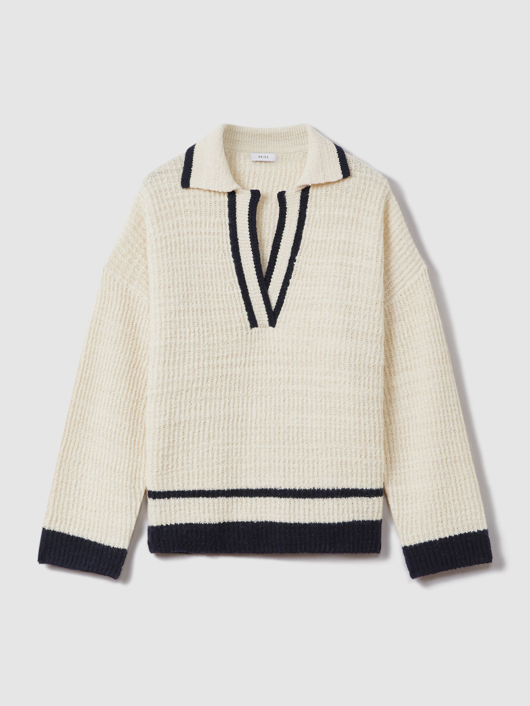 Wool Blend Open Collar Jumper in Cream/Navy - Image 2 of 6
