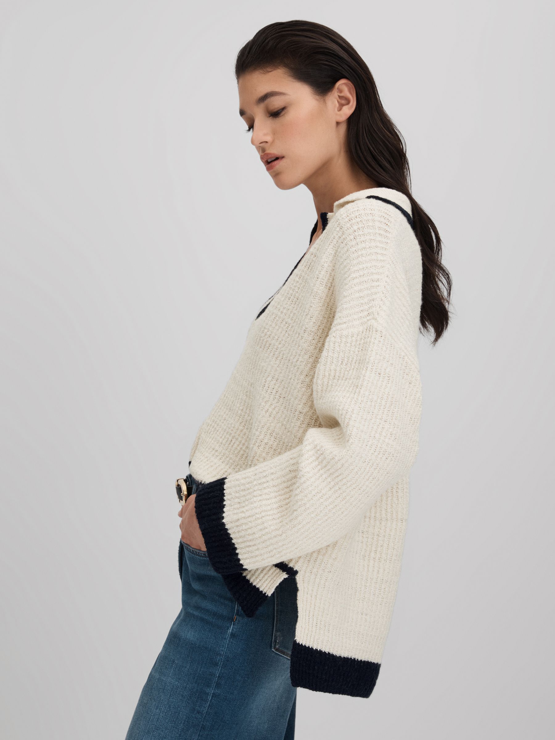 Wool Blend Open Collar Jumper in Cream/Navy - Image 3 of 6