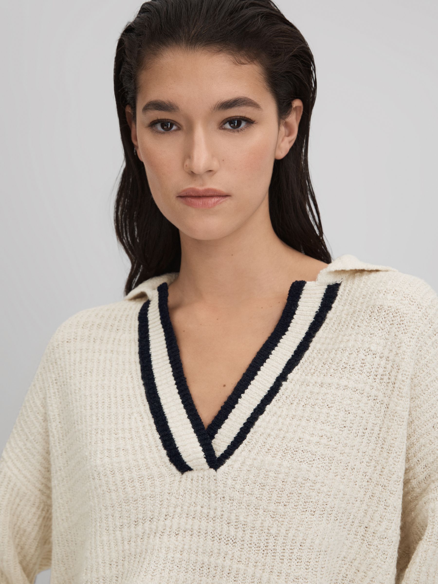 Wool Blend Open Collar Jumper in Cream/Navy - Image 4 of 6