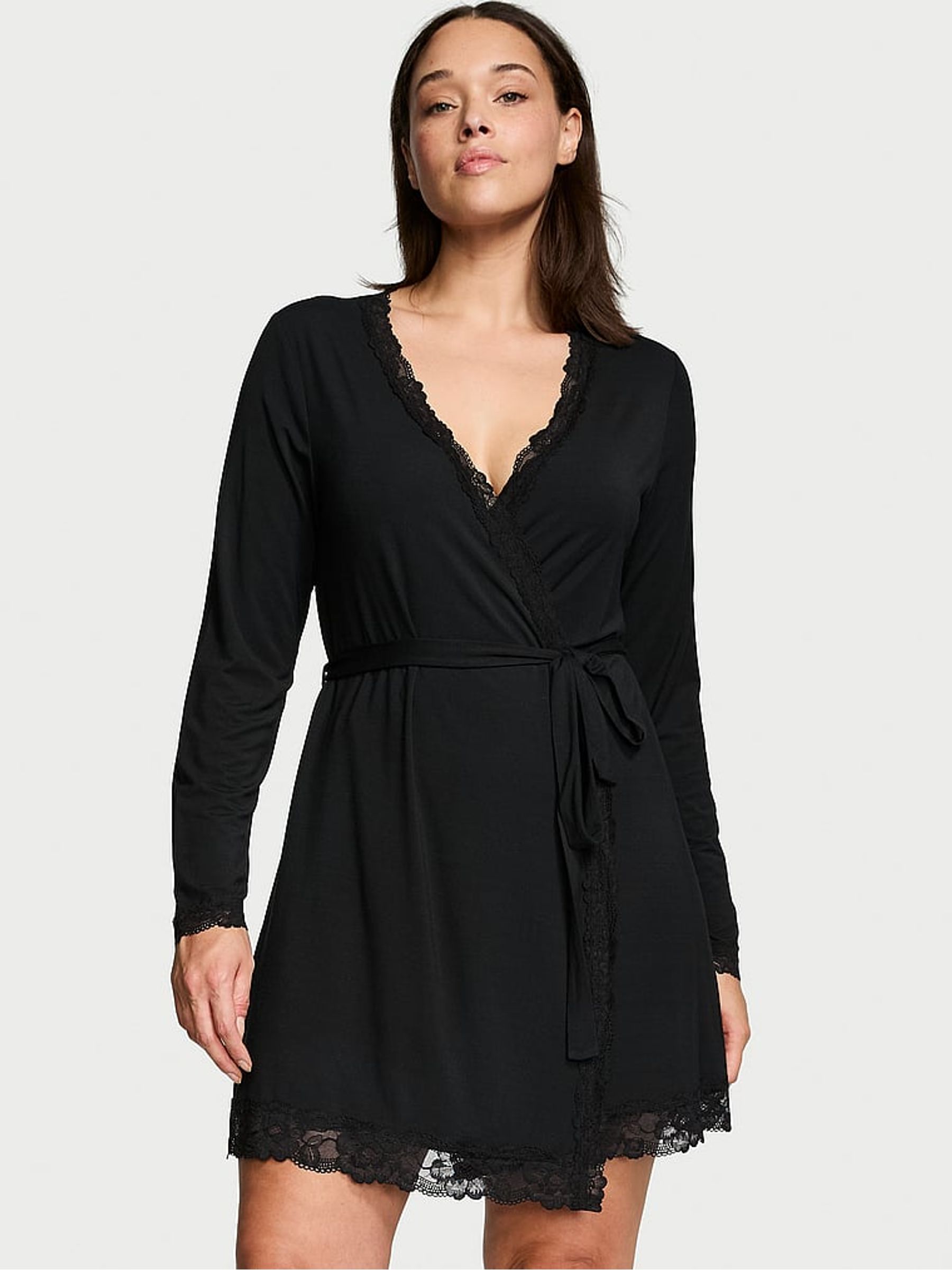Black Modal Lace Trim Robe - Image 1 of 3