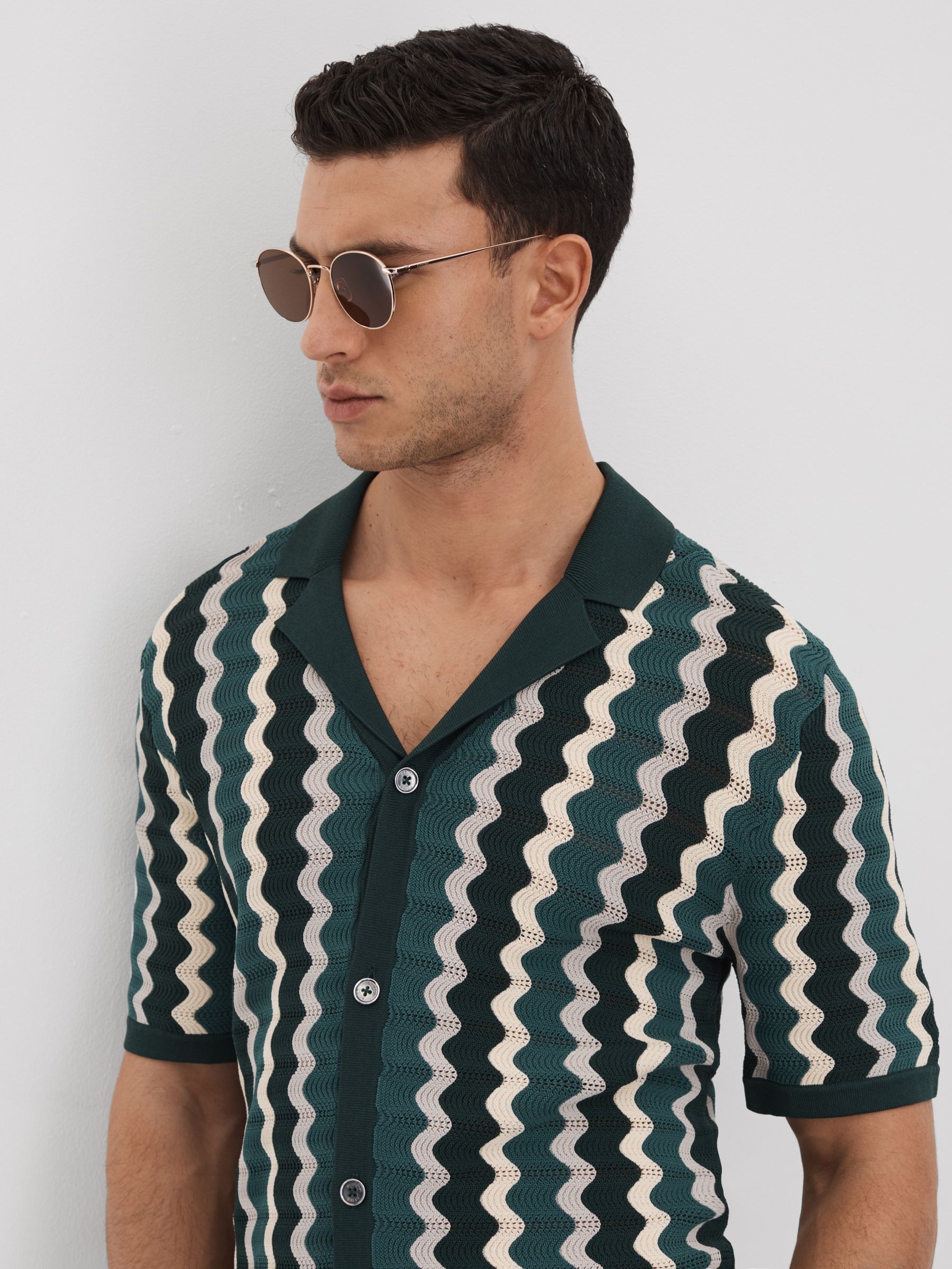 Knitted Cuban Collar Shirt in Green Multi - Image 1 of 6
