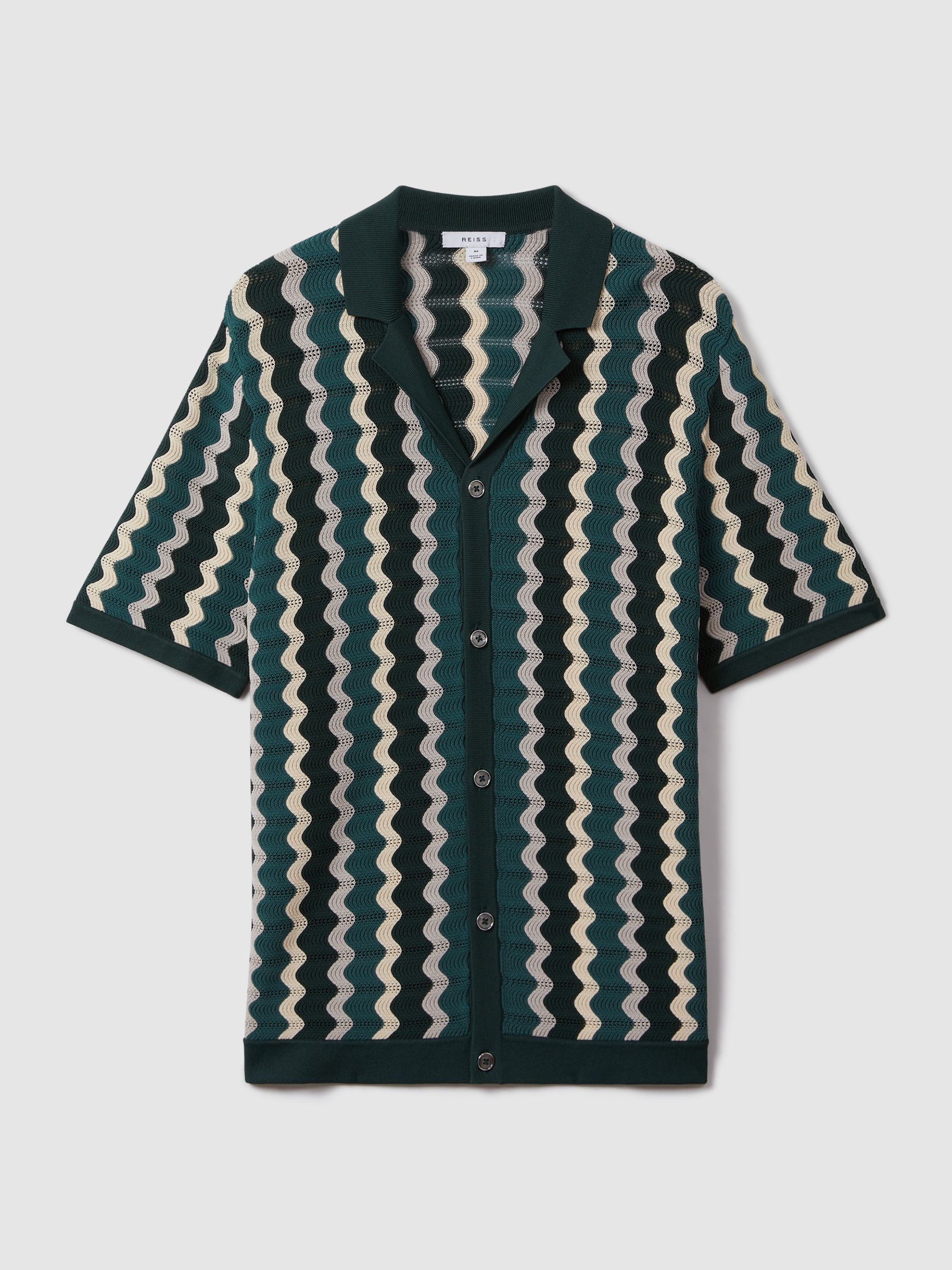 Knitted Cuban Collar Shirt in Green Multi - Image 2 of 6