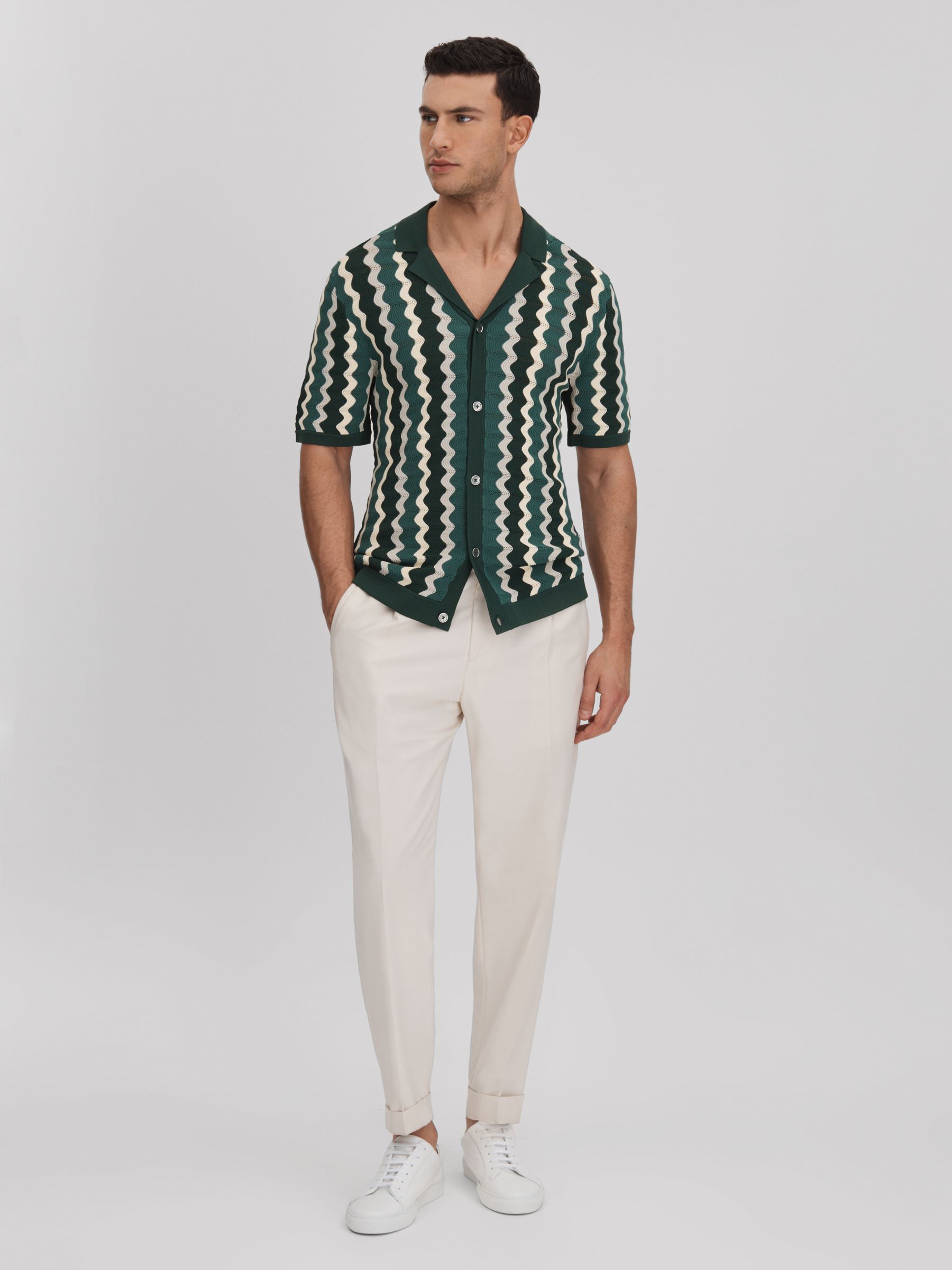Knitted Cuban Collar Shirt in Green Multi - Image 3 of 6