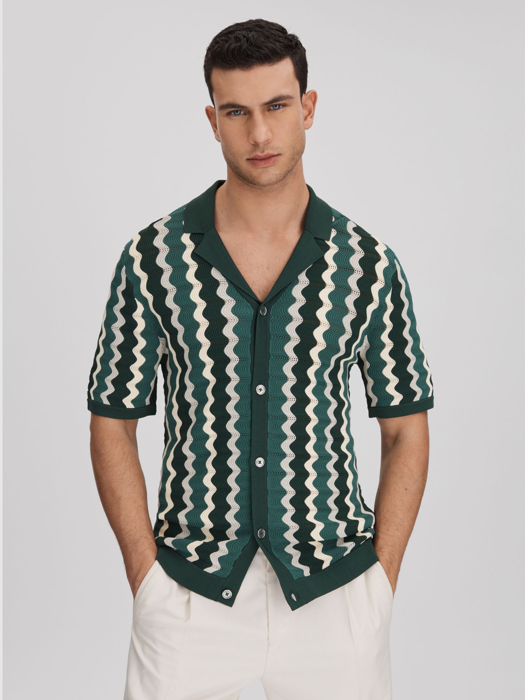 Knitted Cuban Collar Shirt in Green Multi - Image 4 of 6