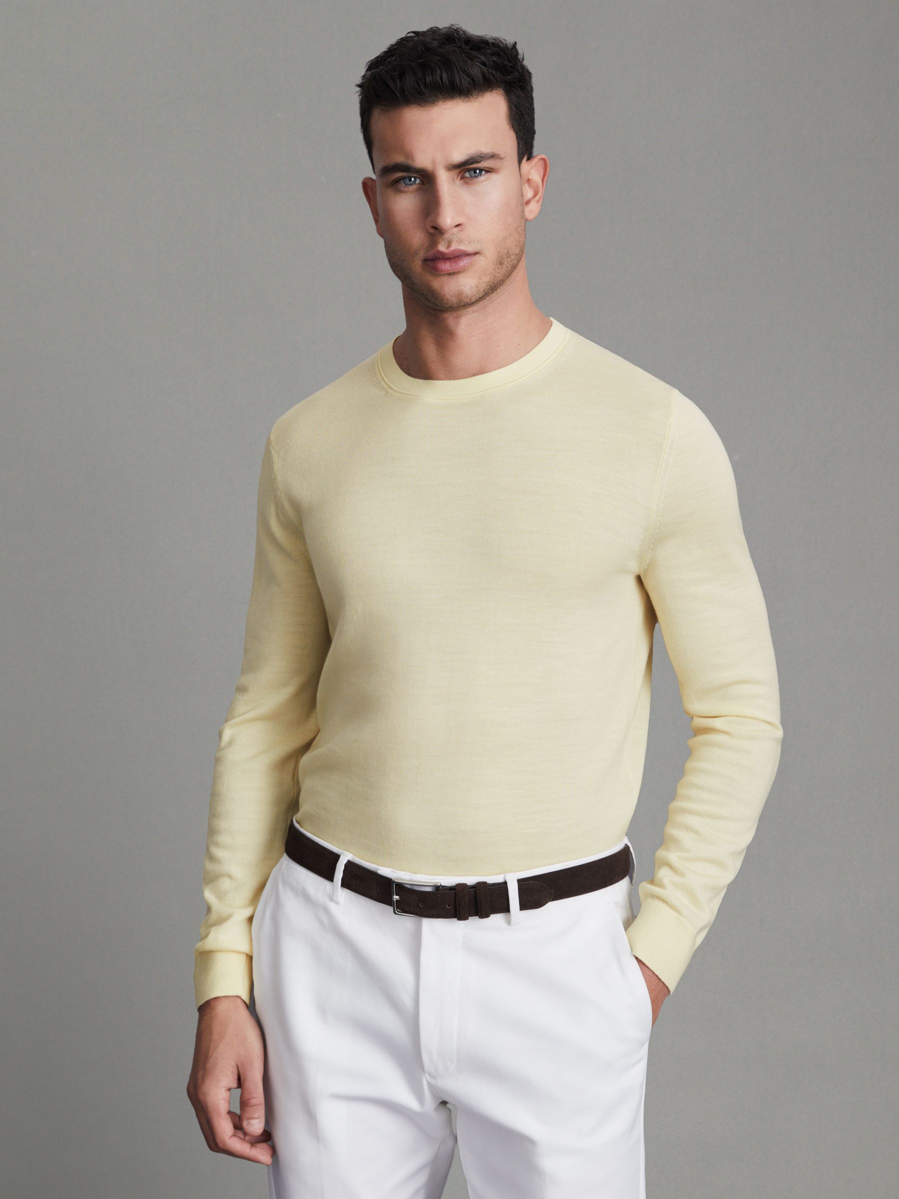 Merino Wool Crew Neck Jumper in Buttermilk Yellow - Image 1 of 5