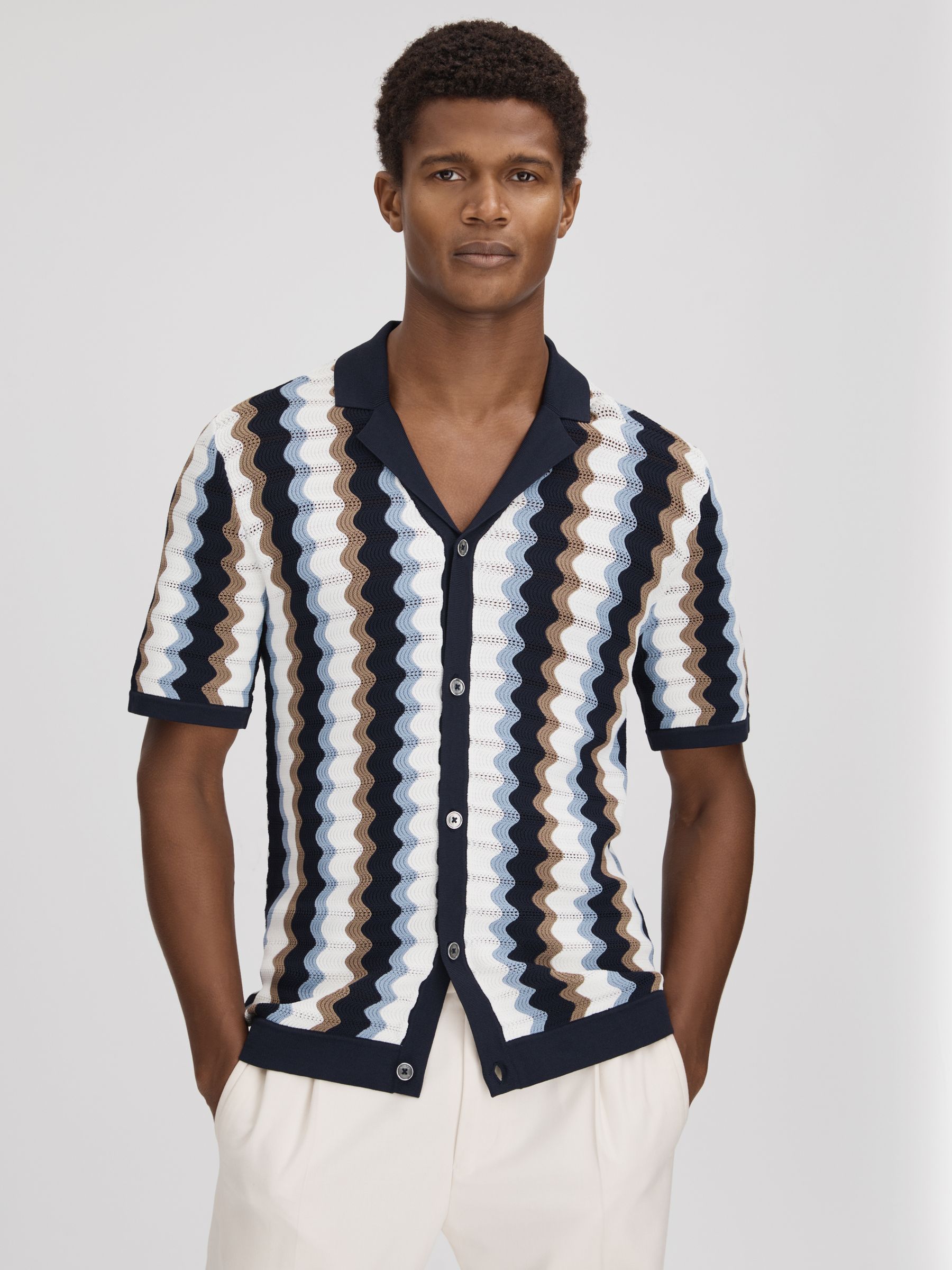 Knitted Cuban Collar Shirt in Blue Multi - Image 1 of 7