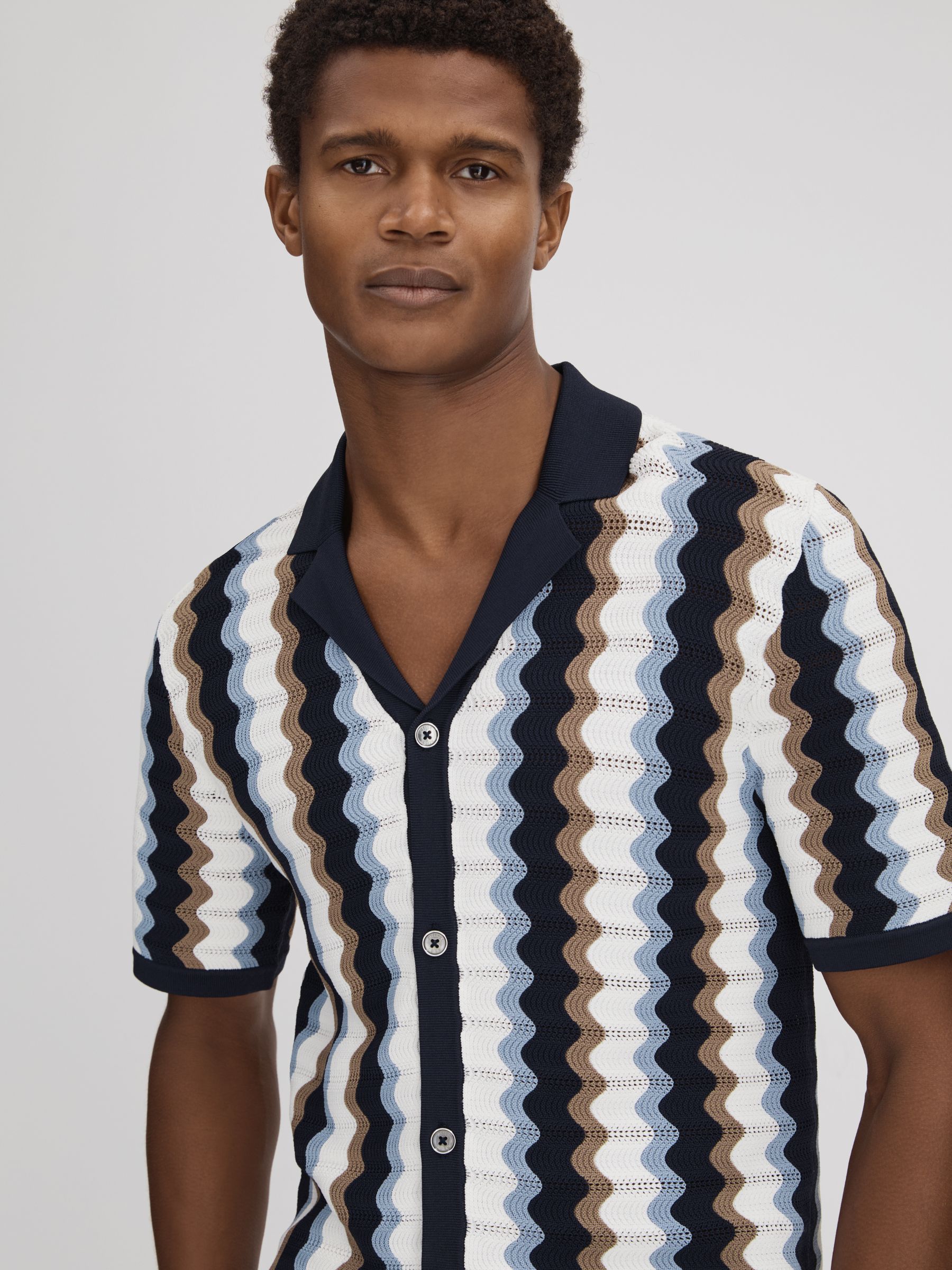 Knitted Cuban Collar Shirt in Blue Multi - Image 4 of 7