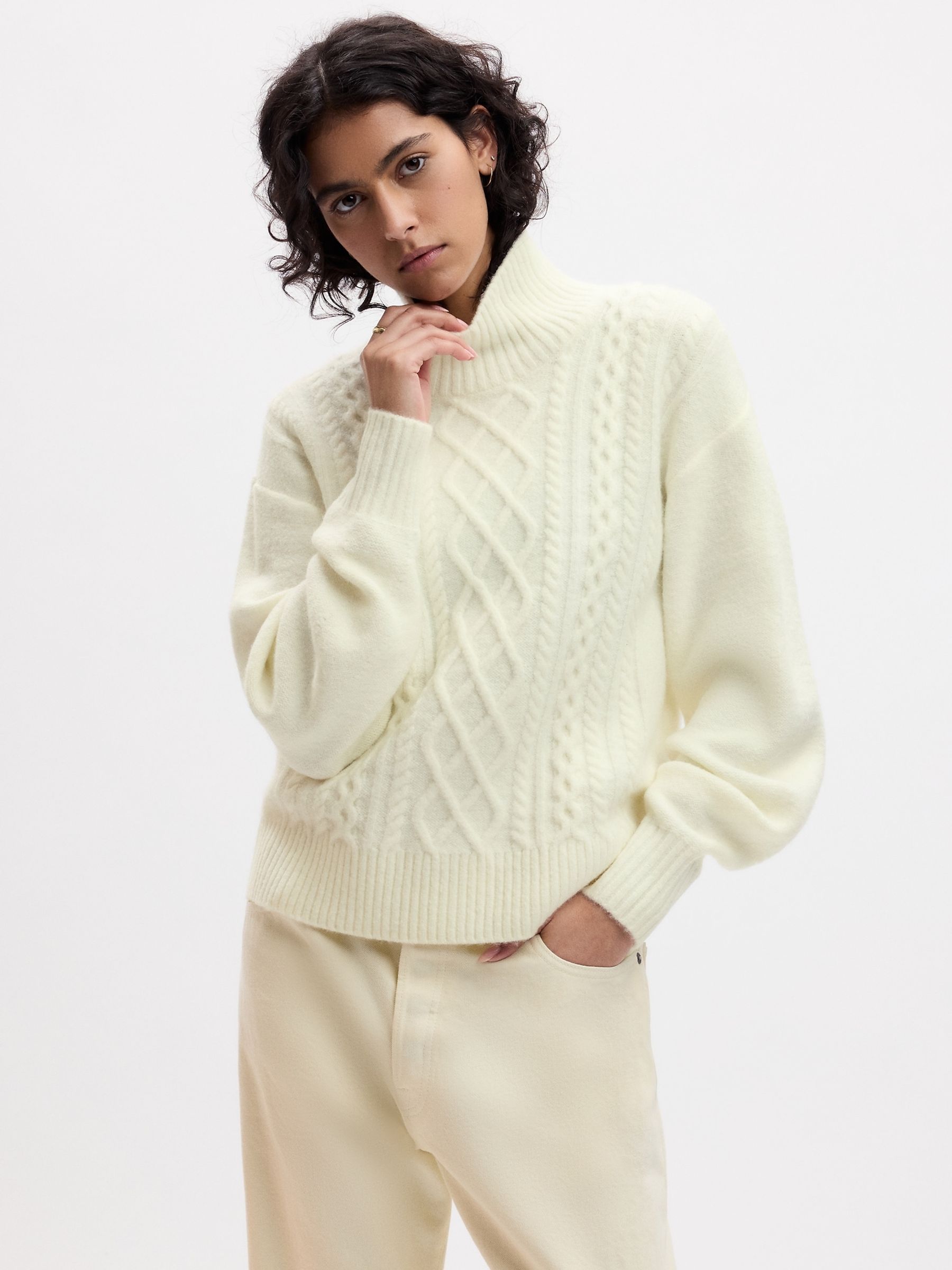 Cream Relaxed Forever Cosy Turtle Neck Cable Knit Jumper - Image 1 of 2