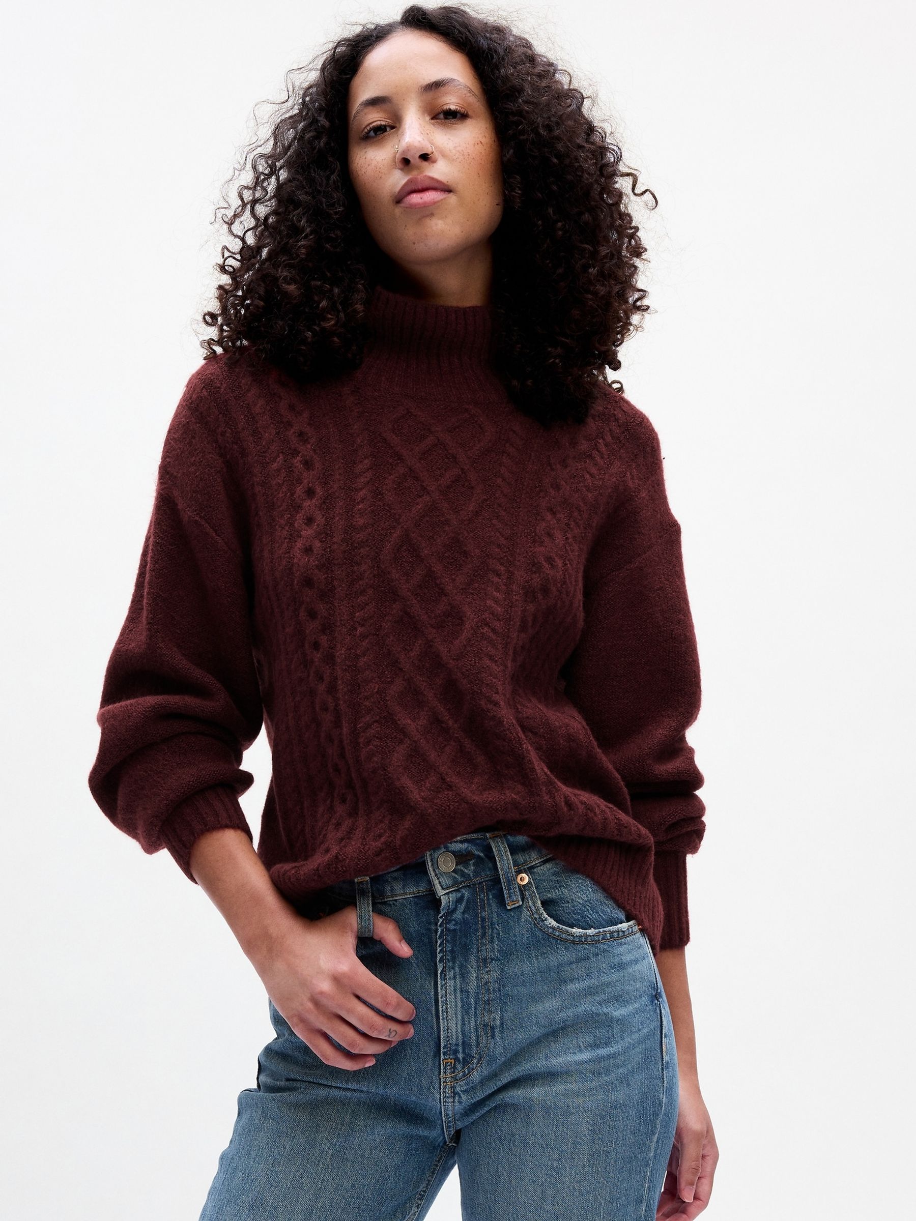 Burgundy Red Relaxed Forever Cosy Turtle Neck Cable Knit Jumper - Image 1 of 3
