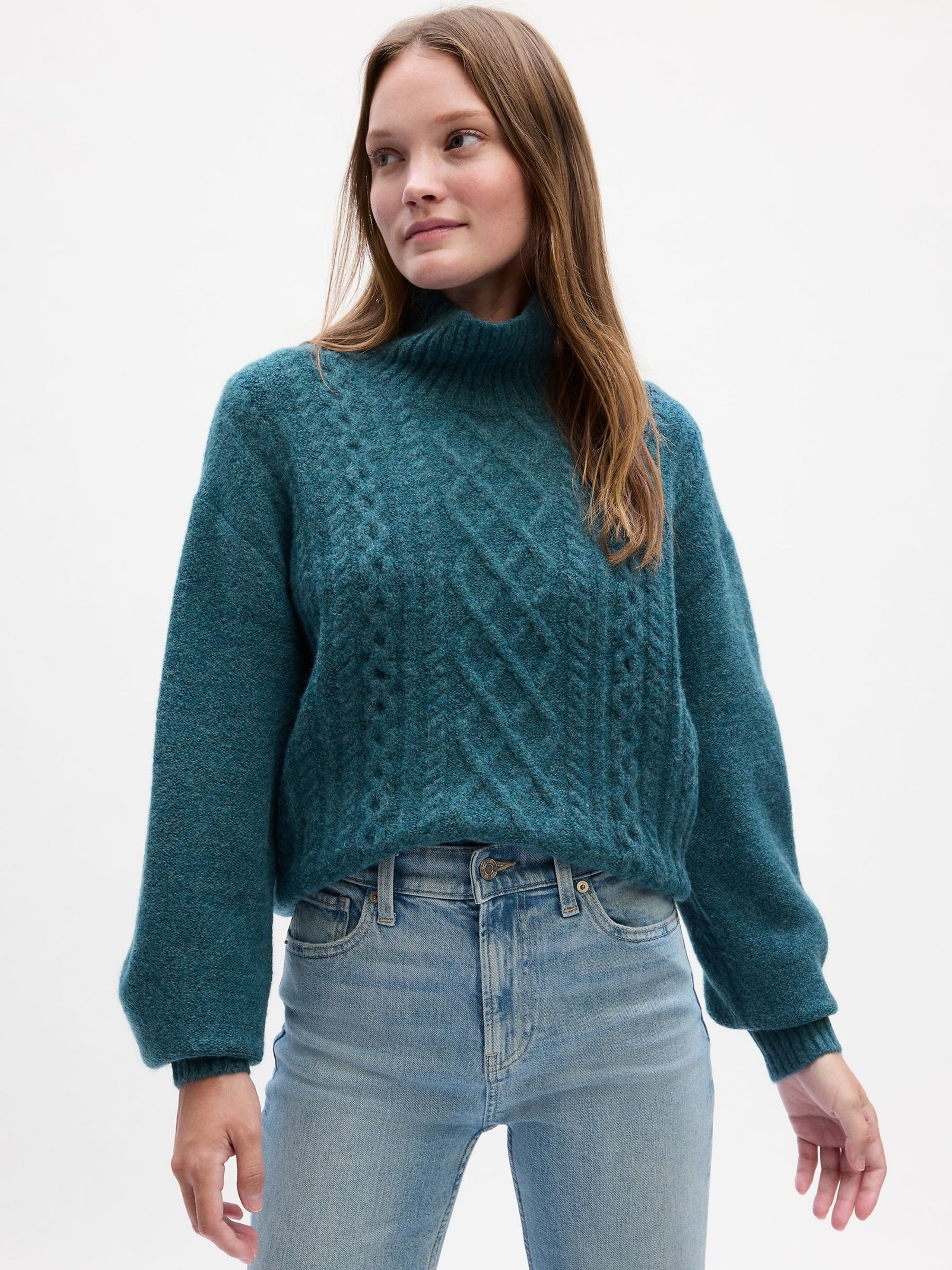 Teal Relaxed Forever Cosy Turtle Neck Cable Knit Jumper - Image 1 of 1