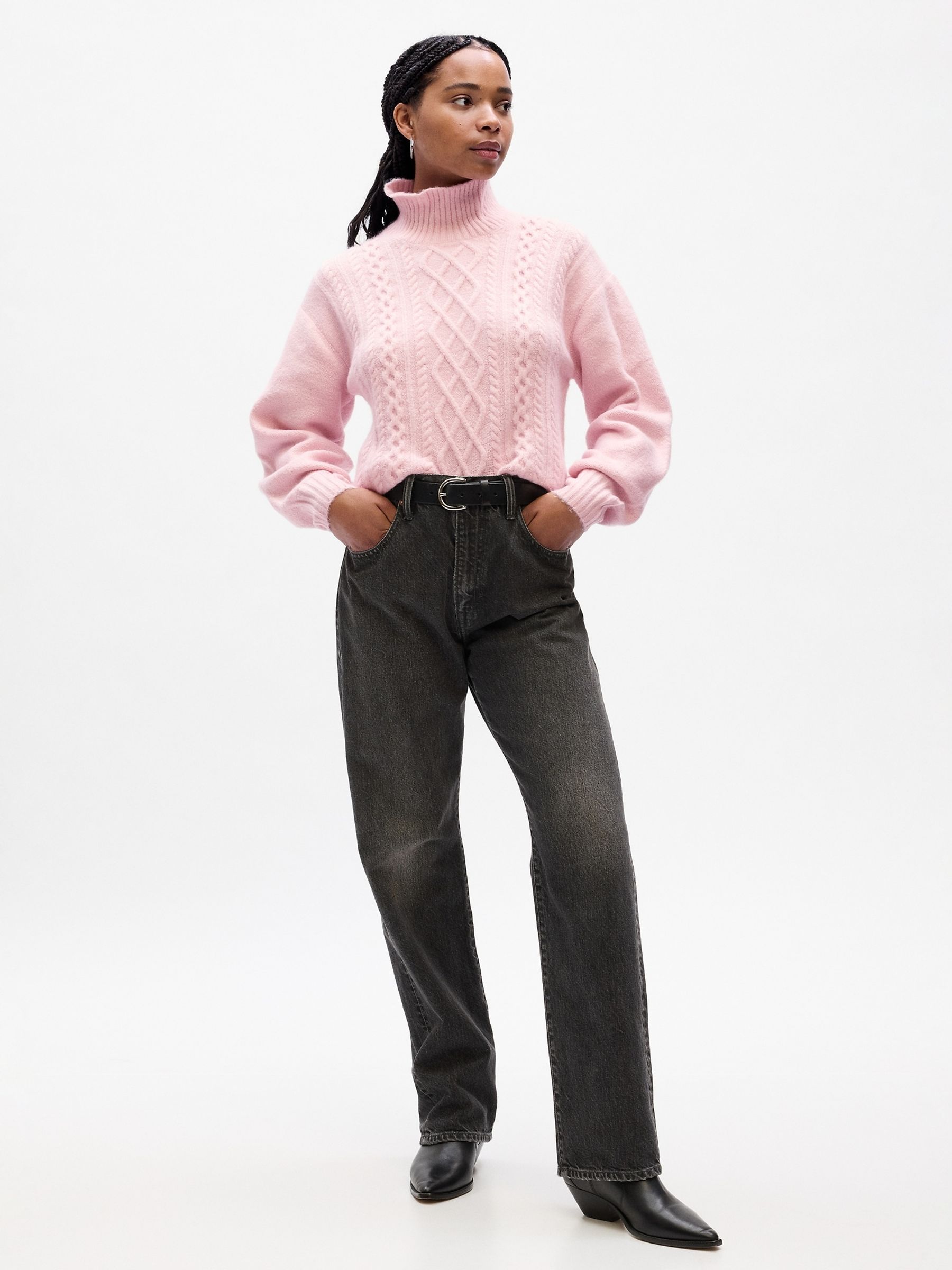 Pink Relaxed Forever Cosy Turtle Neck Cable Knit Jumper - Image 1 of 2