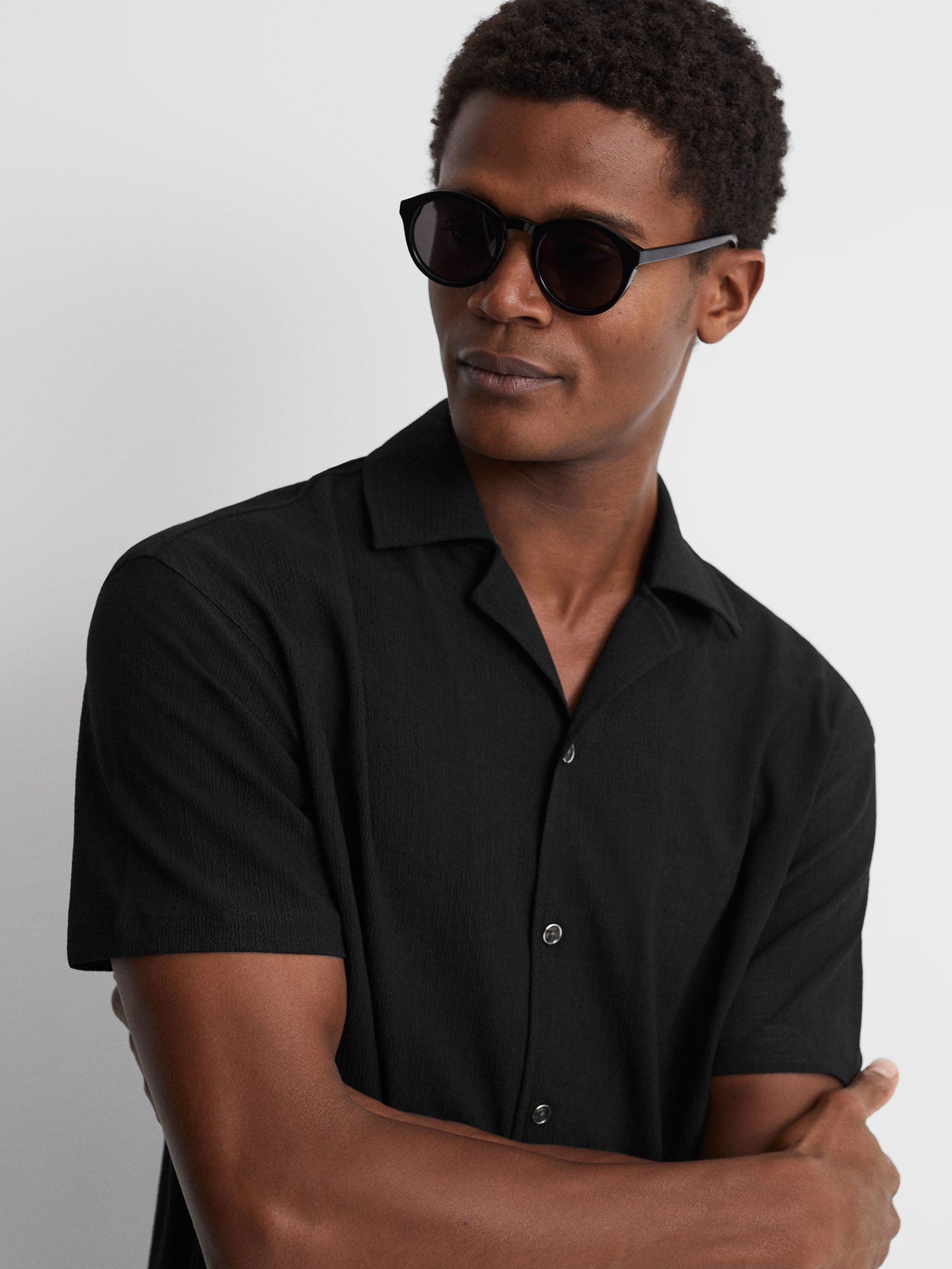 Textured Crepe Cuban Collar Shirt in Black - Image 1 of 5