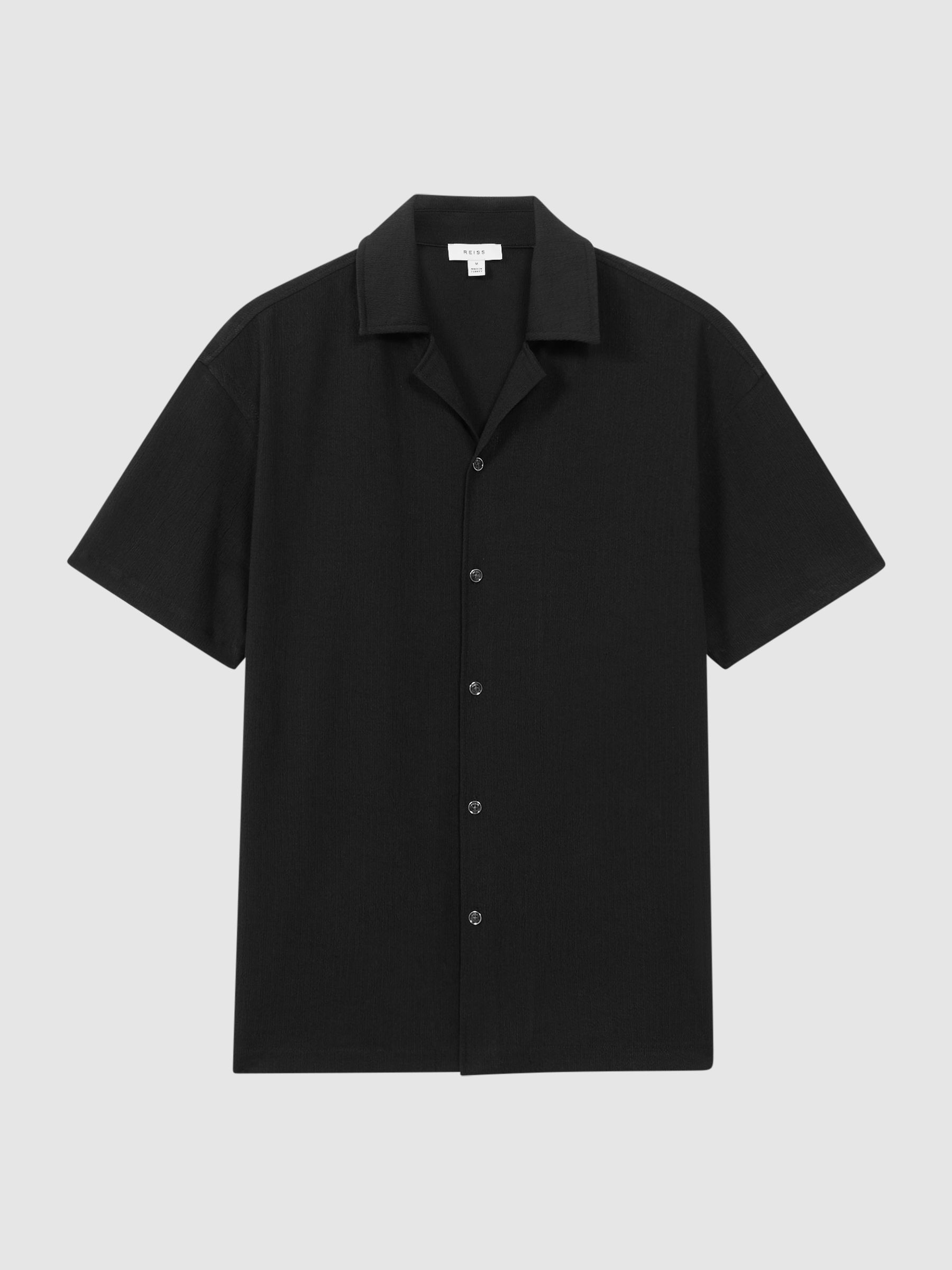Textured Crepe Cuban Collar Shirt in Black - Image 2 of 5