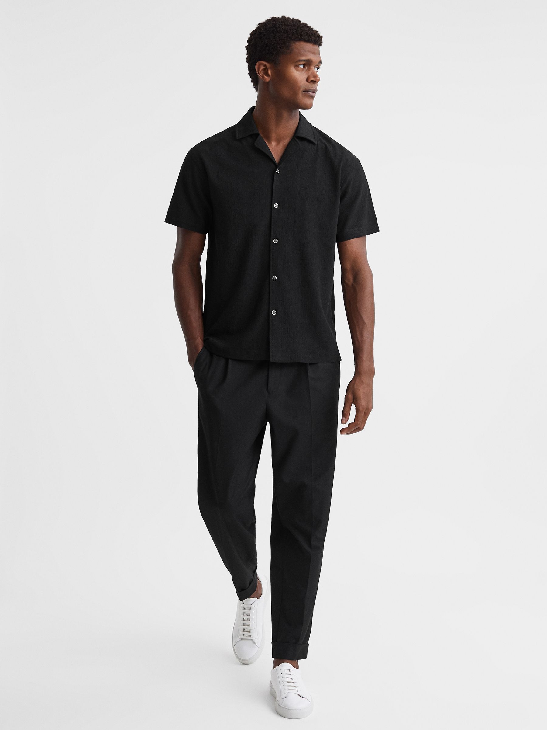 Textured Crepe Cuban Collar Shirt in Black - Image 3 of 5